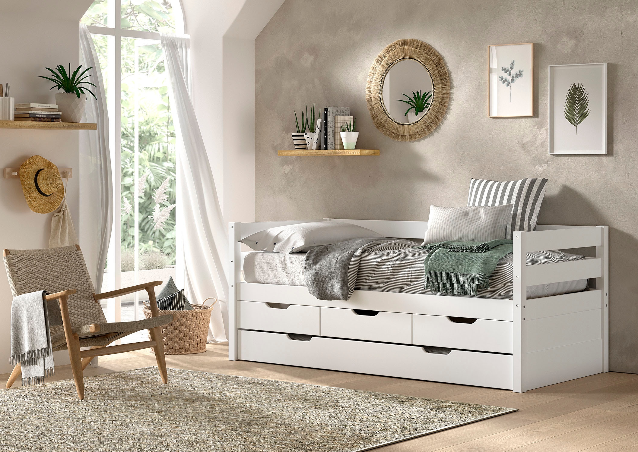 Vipack Funktionsbett »Margrit mit Bettschublade, in zeitlosem Design, universell einsetzbar« Liegefläche 90 x 200 cm, inkl. Rolllattenrost und seitlichem Umbau,  Massivholzbett mit 3 Schubladen, wahlweise in 2 Farben erhältlich