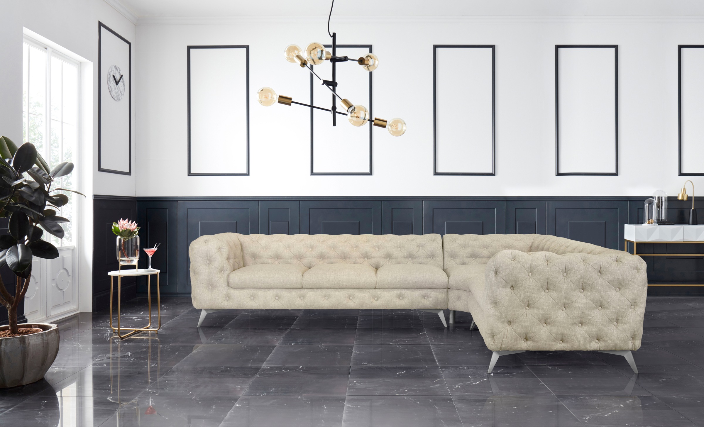 Home affaire Chesterfield-Sofa »Ecksofa GLYNIS L-Form mit Wellenunterfederung, Maße B/T/H 323/264/75cm« aufwändige Knopfheftung, moderne Chesterfield Optik, Fußfarbe wählbar