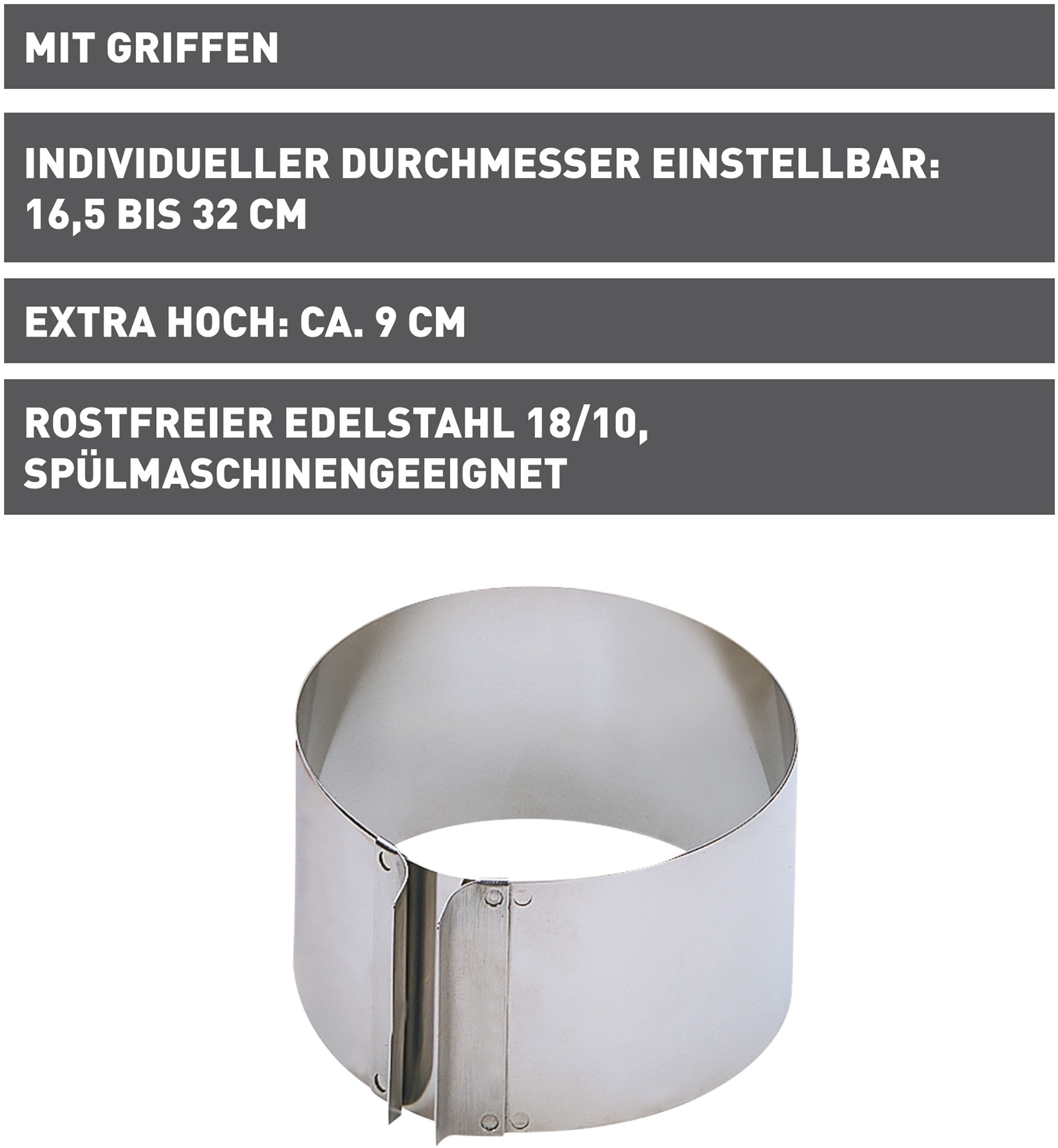Kaiser Backformen Tortenring »Inspiration«, (1 tlg.), mit Griffen, individuelle Größeneinstellung für ⌀ von 16,5 bis 32 cm