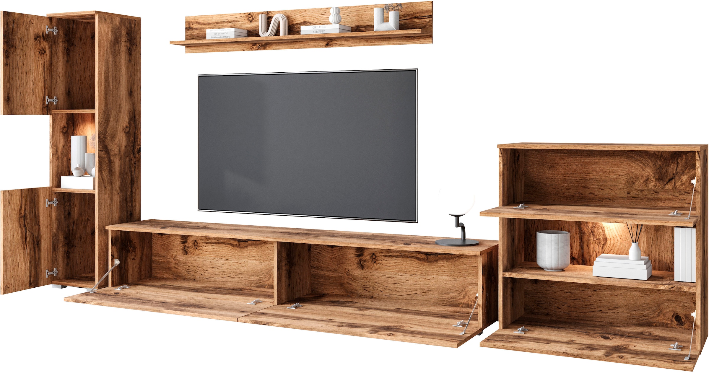 INOSIGN Wohnwand »PARIS«, (Komplett-Set, 4 St.), TV-Wand 300cm breite, grifflose Design, stehend und hängend montierbar