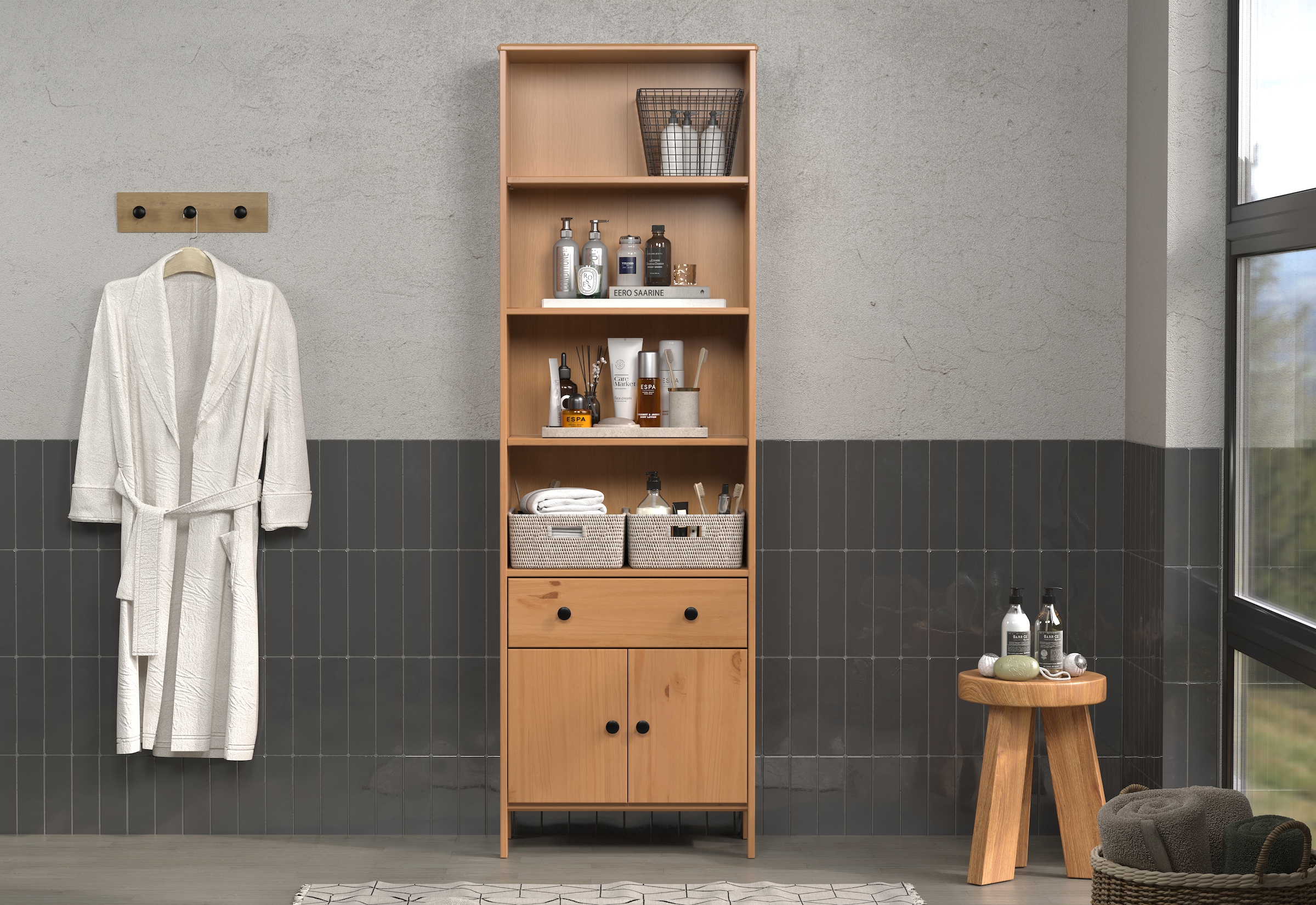 welltime Hochschrank »Kall«, (1 St.), Badezimmerschrank aus Kiefer-Massivholz - Maße (B/T/H) 60/33/188 cm