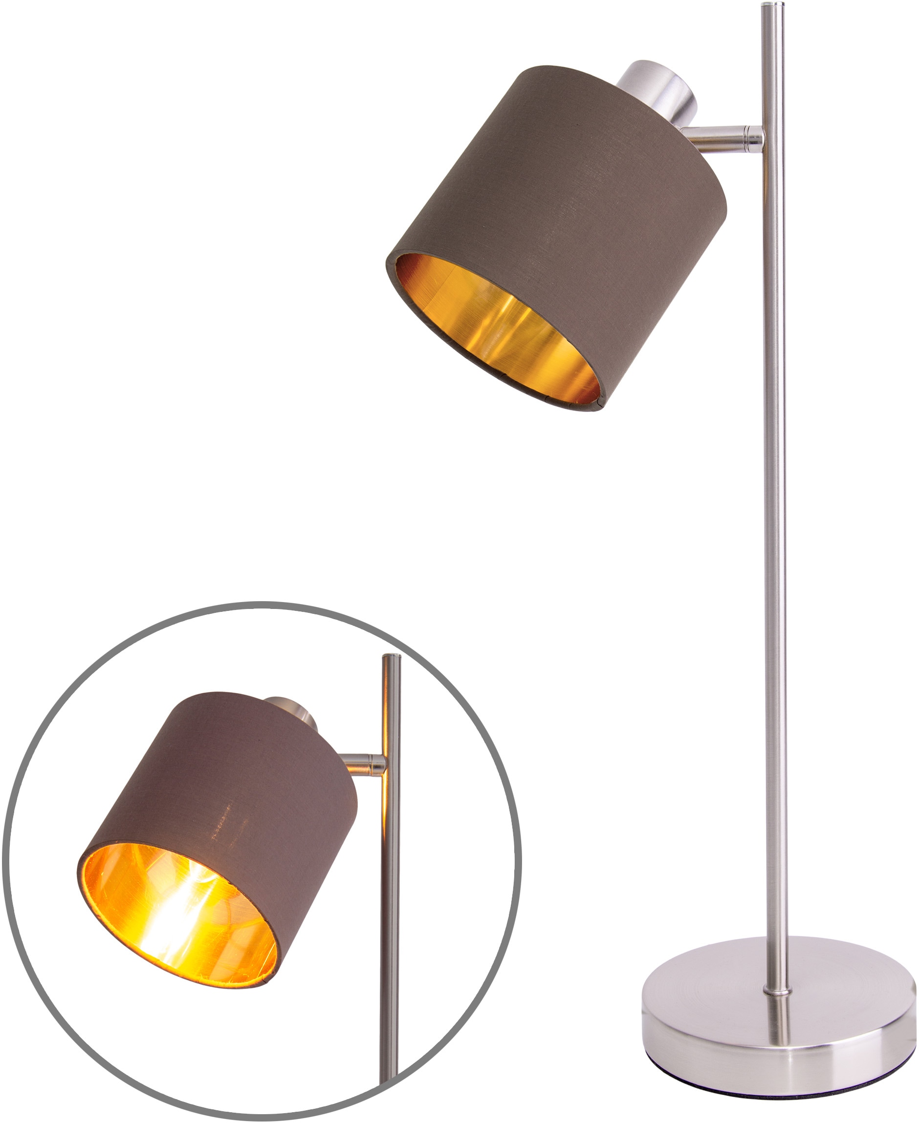 näve Tischleuchte »Maron«, 1 flammig, Leuchtmittel E14 | ohne Leuchtmittel, 1flg. E14 Textilschirm braun Innenfarbe gold satin-nickel