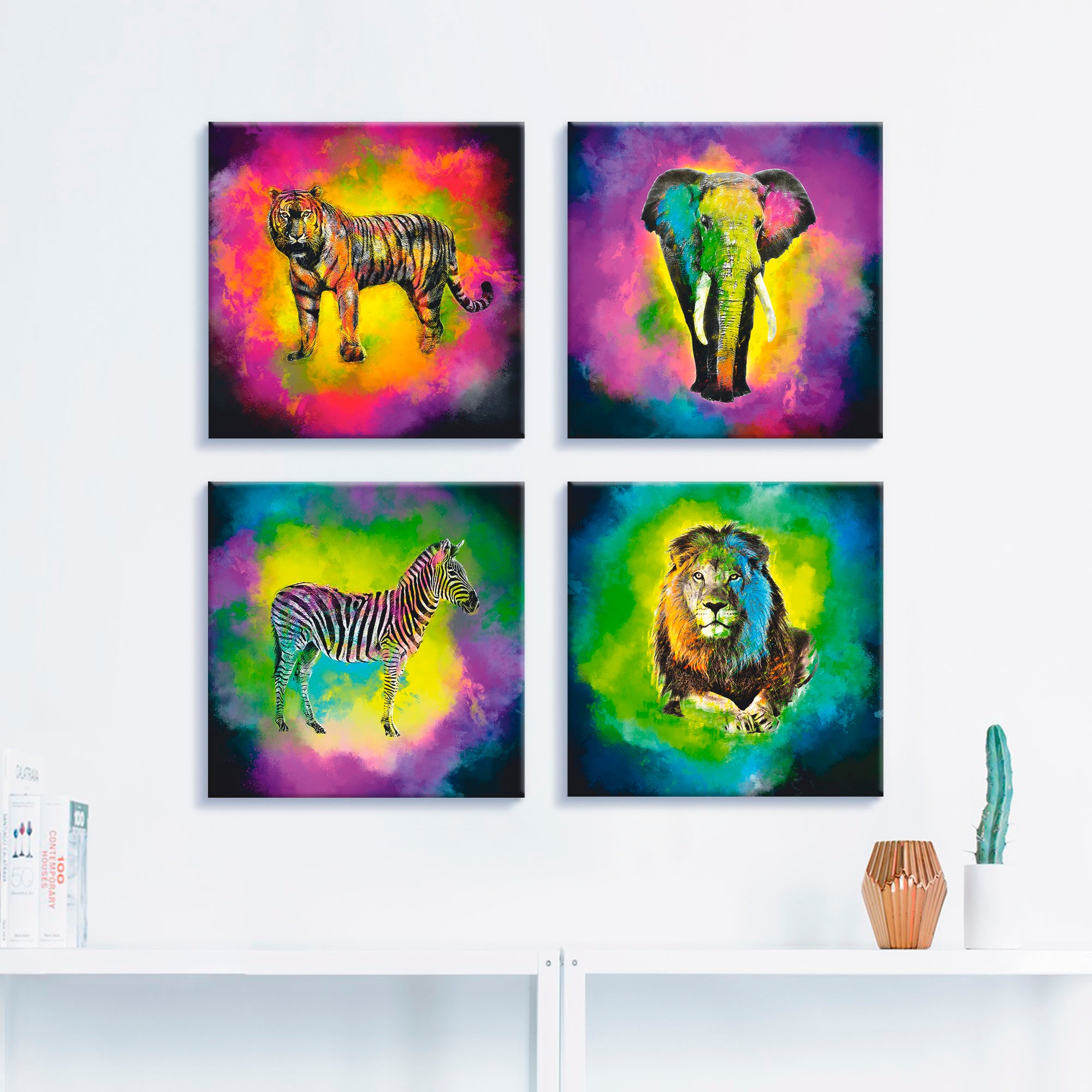 Artland Leinwandbild »Farbexplosion Elefant Löwe Zebra Tiger«, Wildtiere, (4 St.), 4er Set, verschiedene Größen