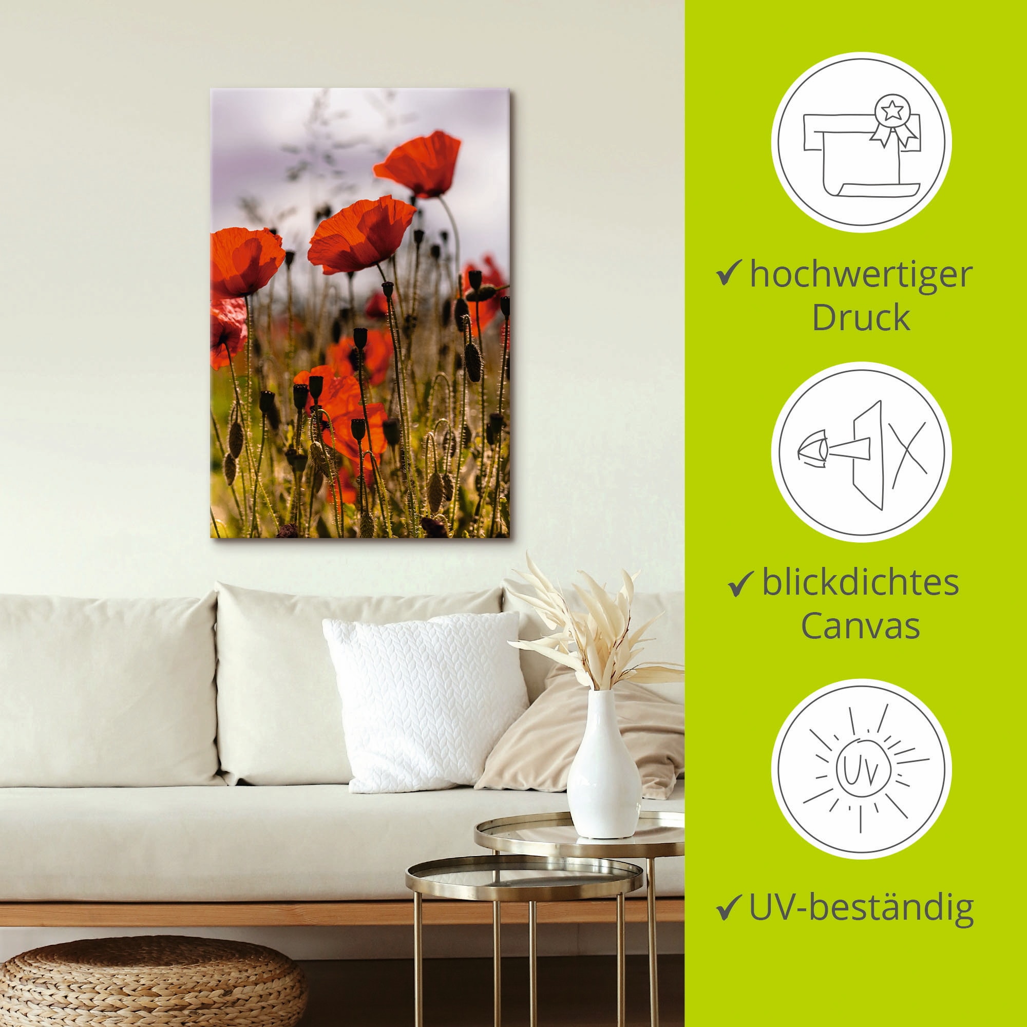 Artland Wandbild »Mohnblumen im Morgenlicht« Blumenwiese 1 Stk. tlg. auf Holzrahmen gespannt
