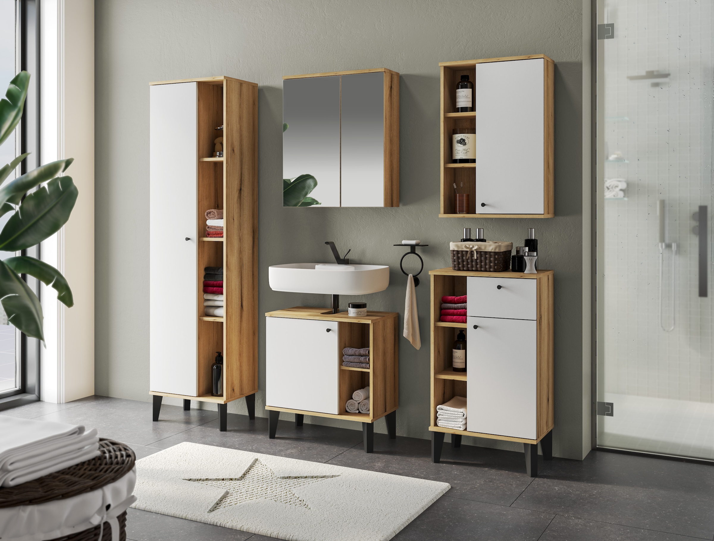 INOSIGN Badmöbel-Set »OSLO, Bad im skandinavischen Design, 5-teiliges Badezimmer«, (Set, 5 St.), Badschränke und Spiegel, in zwei Farben verfügbar, viel Stauraum