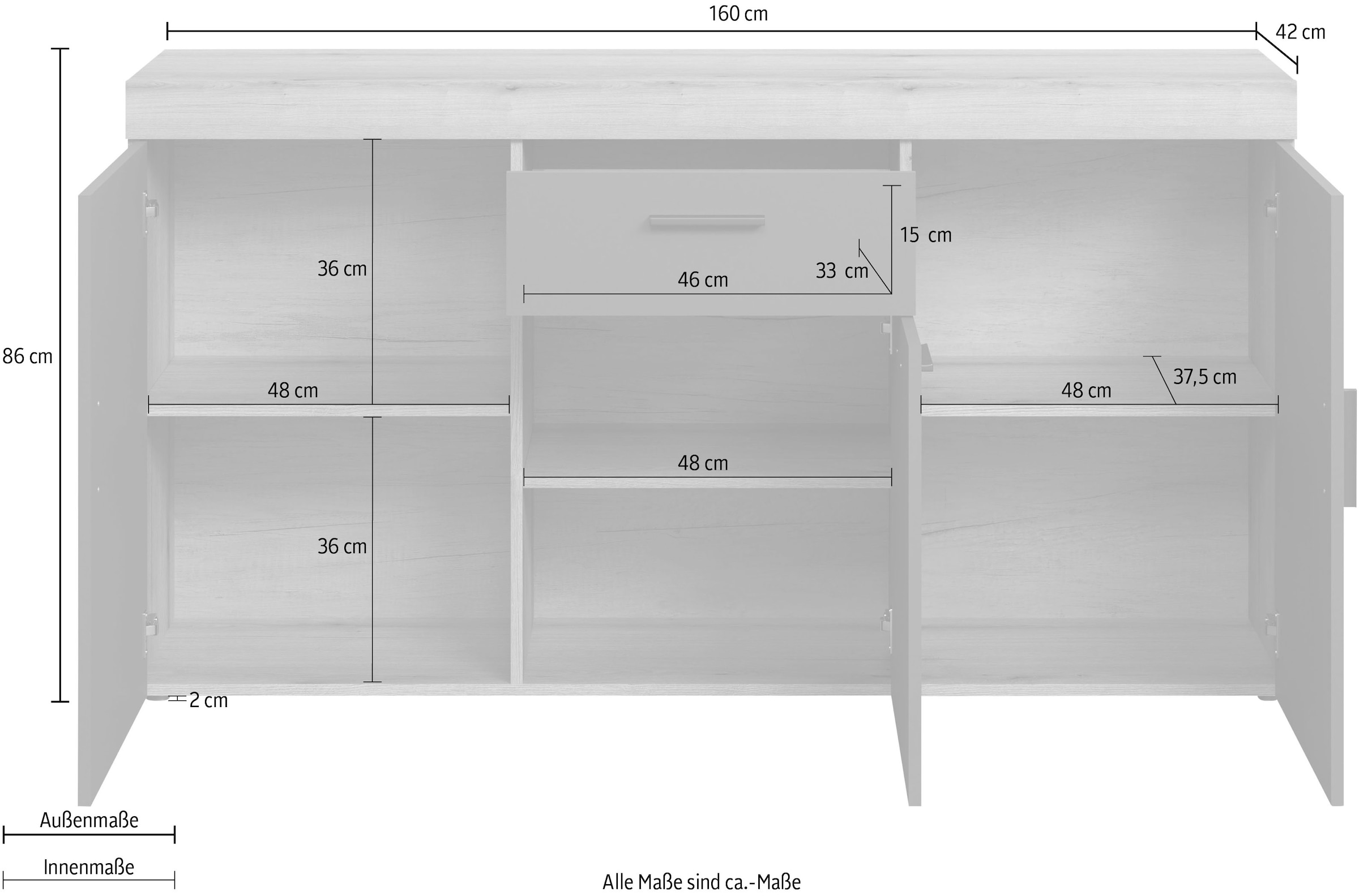 Home affaire Sideboard »Ghent« Packung, 1 Stk. tlg. Sideboard mit 3 Türen & 1 Schublade - (B/T/H) 160/42/86 cm