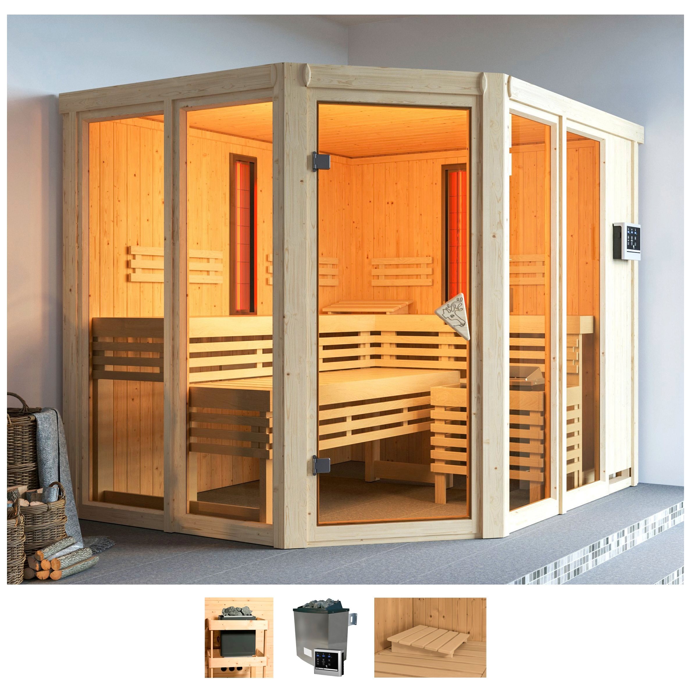 Karibu Sauna »Avril«, (Set), 9-kW-Ofen mit externer Steuerung