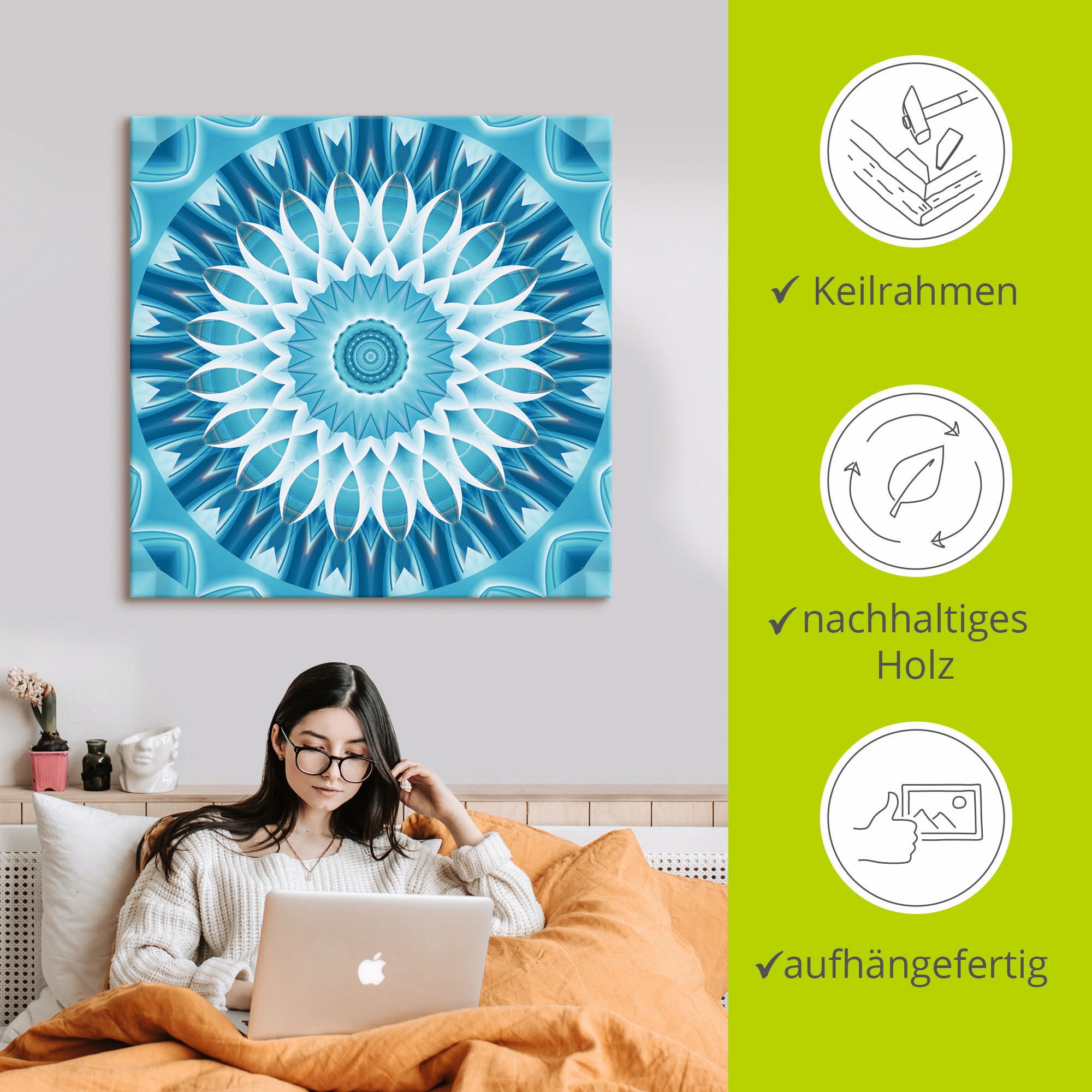 Artland Wandbild »Mandala blau Blüte«, Muster, (1 St.), als Leinwandbild in verschied. Größen