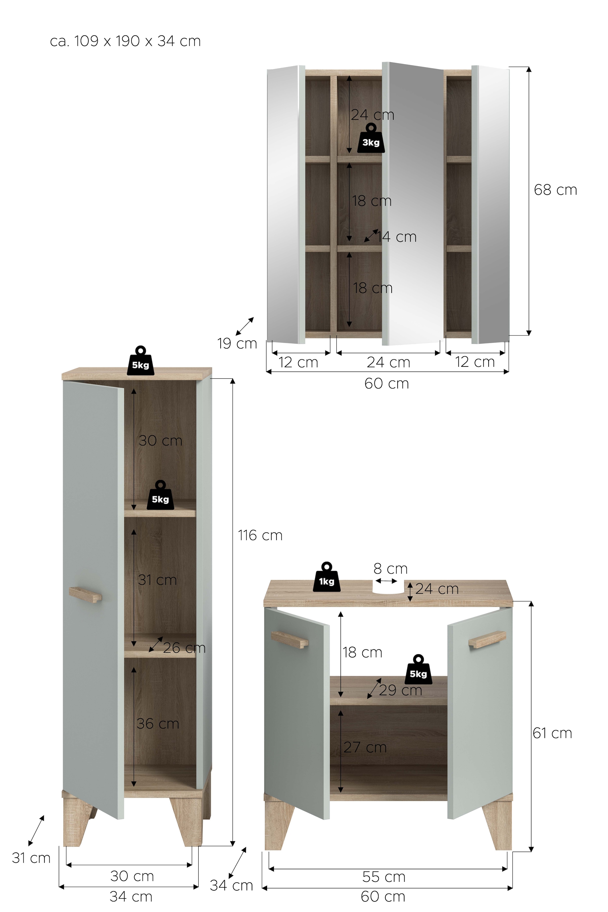 welltime Badmöbel-Set »MINTTU, 3-teilige moderne Badkombination im SCANDI-Look« bestehend aus: Midischrank, Waschbeckenunterschrank & Spiegelschrank, 3 Stk. tlg.