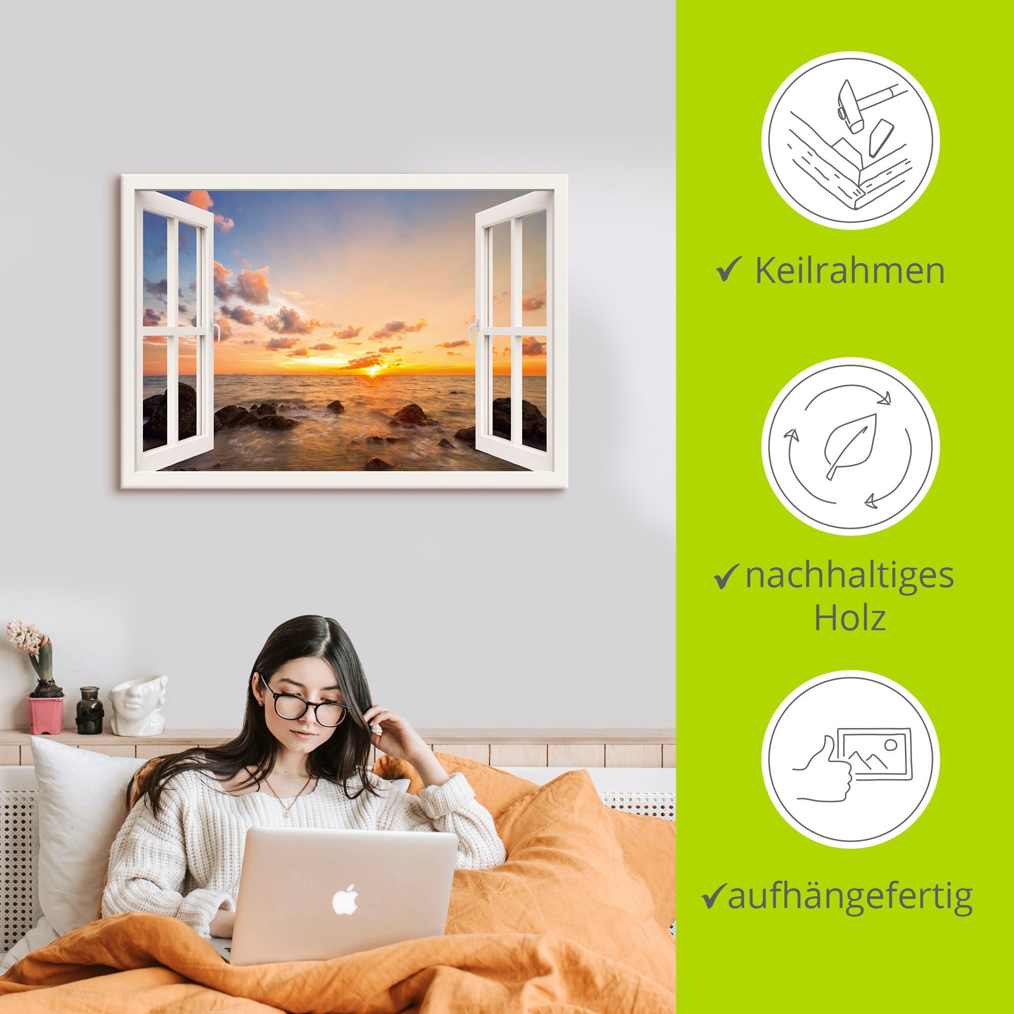 Artland Wandbild »Fensterblick Sonnenuntergang am Meer«, Fensterblick, (1 St.), als Alubild, Outdoorbild, Leinwandbild, Wandaufkleber, versch. Größen