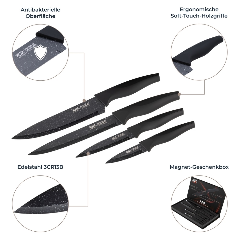RESTO Kitchenware Messer-Set »Leo, Edelstahlmesser 4-teilig in Magnet-Geschenkbox« Kochmesser, Tranchiermesser, Universalmesser, Gemüsemesser