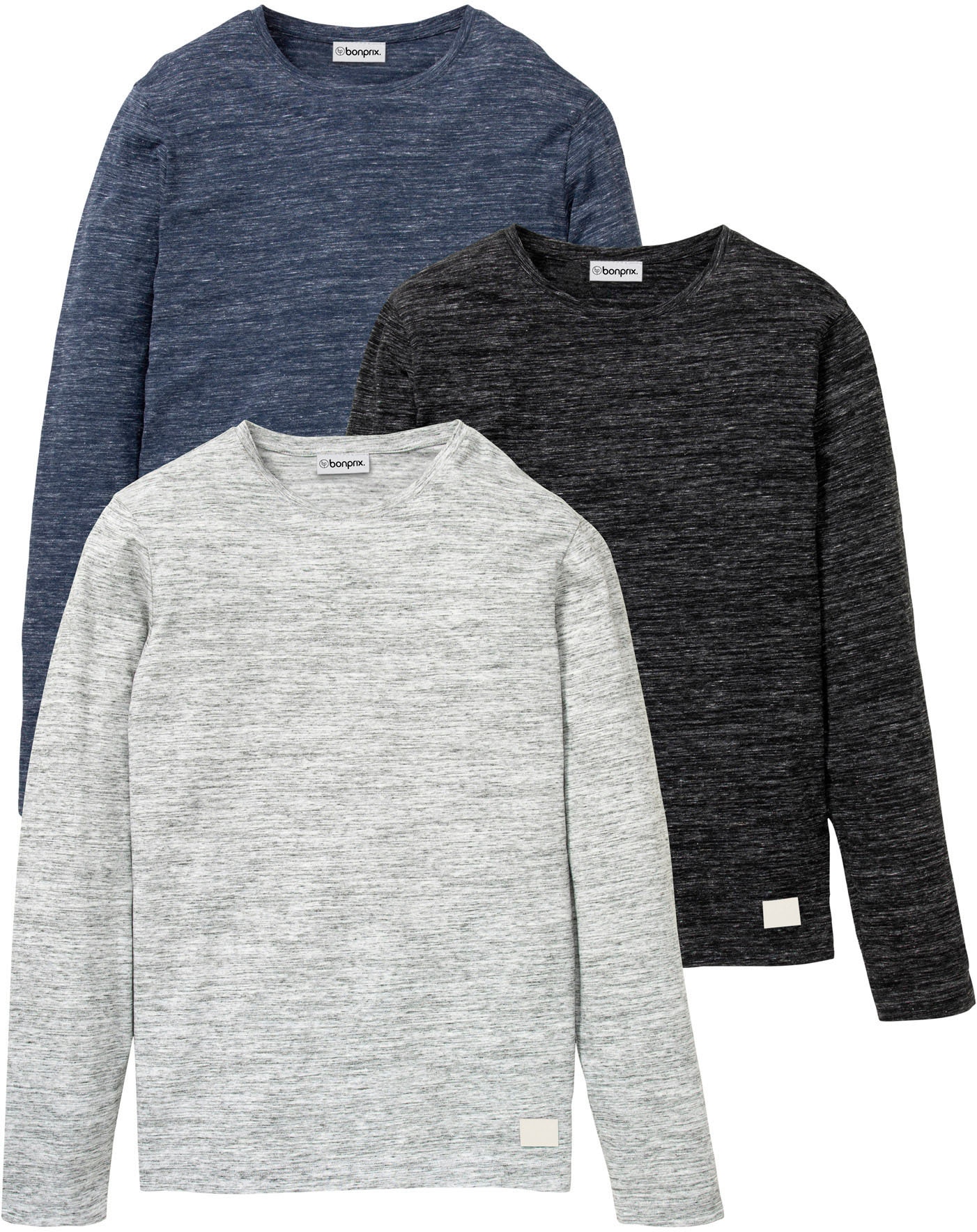 bonprix Langarmshirt Packung, 3 Stk. Regular Fit, melierte Optik, aus Baumwoll-Mix