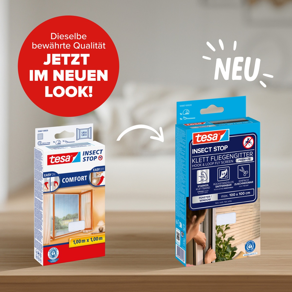 tesa Insektenschutz-Fensterrahmen »Insect Stop Comfort Fliegengitter für Fenster - 1.0 m : 1.0 m« Packung, Fliegennetz, Klettband, Andrück und Schneidehilfe, 1 Stk. tlg. Insektenschutzgitter - Fliegenetz ohne Bohren -zuschneidbar