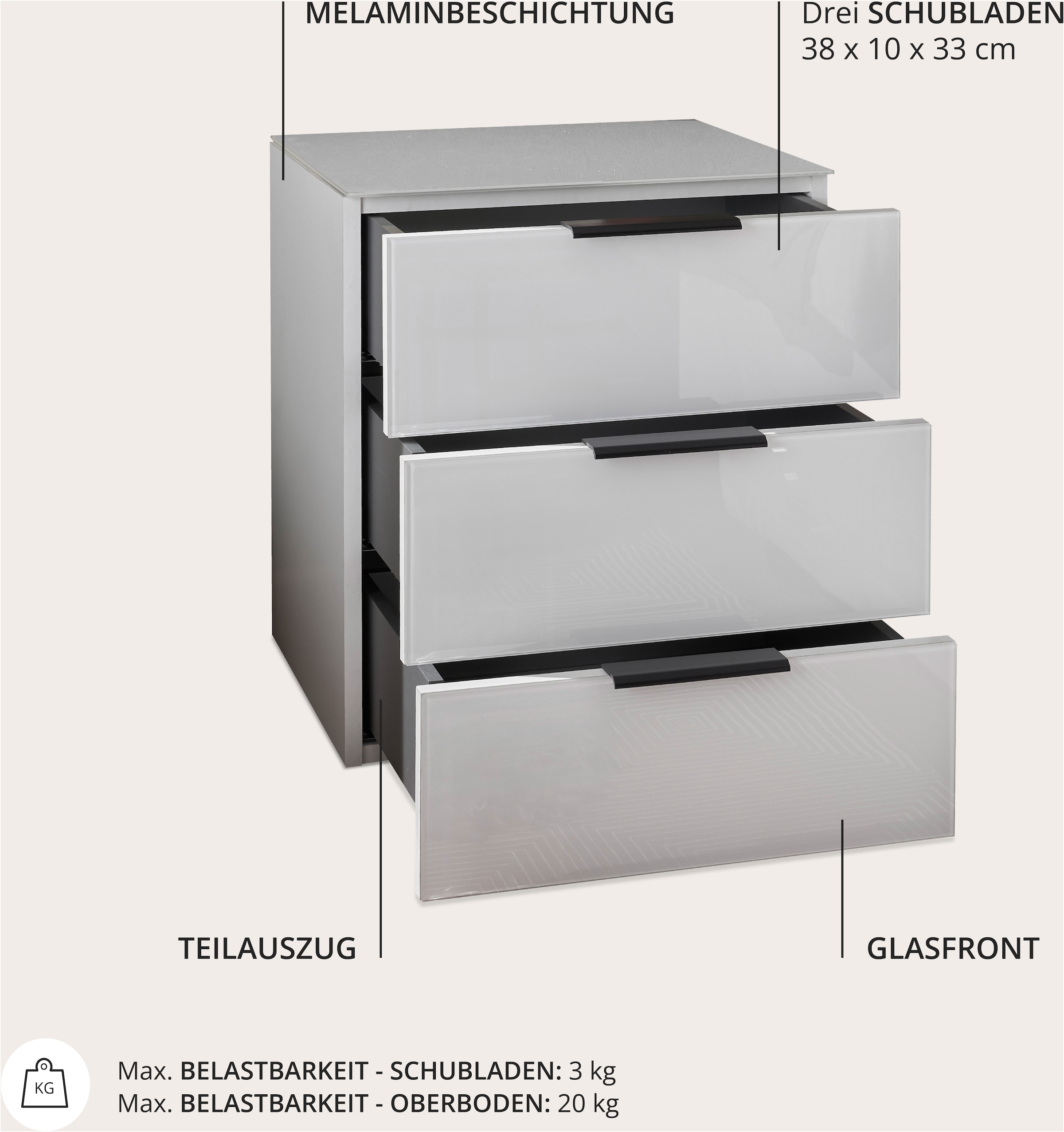 Schlafkontor Nachtkommode »Pari Nachtkonsole, Nachtschrank, Nachttisch« mit 3 Schubkastenfronten aus Glas