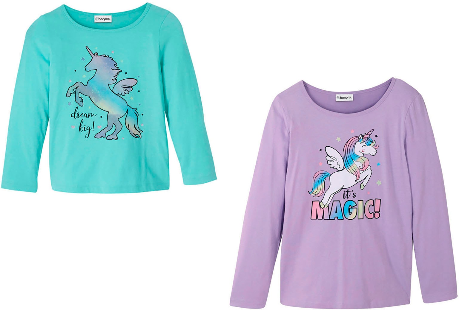 bonprix Langarmshirt »Langarmshirt aus reiner Baumwolle (2er Pack)« Packung, 2, 2 Stk. Regular Fit, mit Frontprint, aus Baumwolle