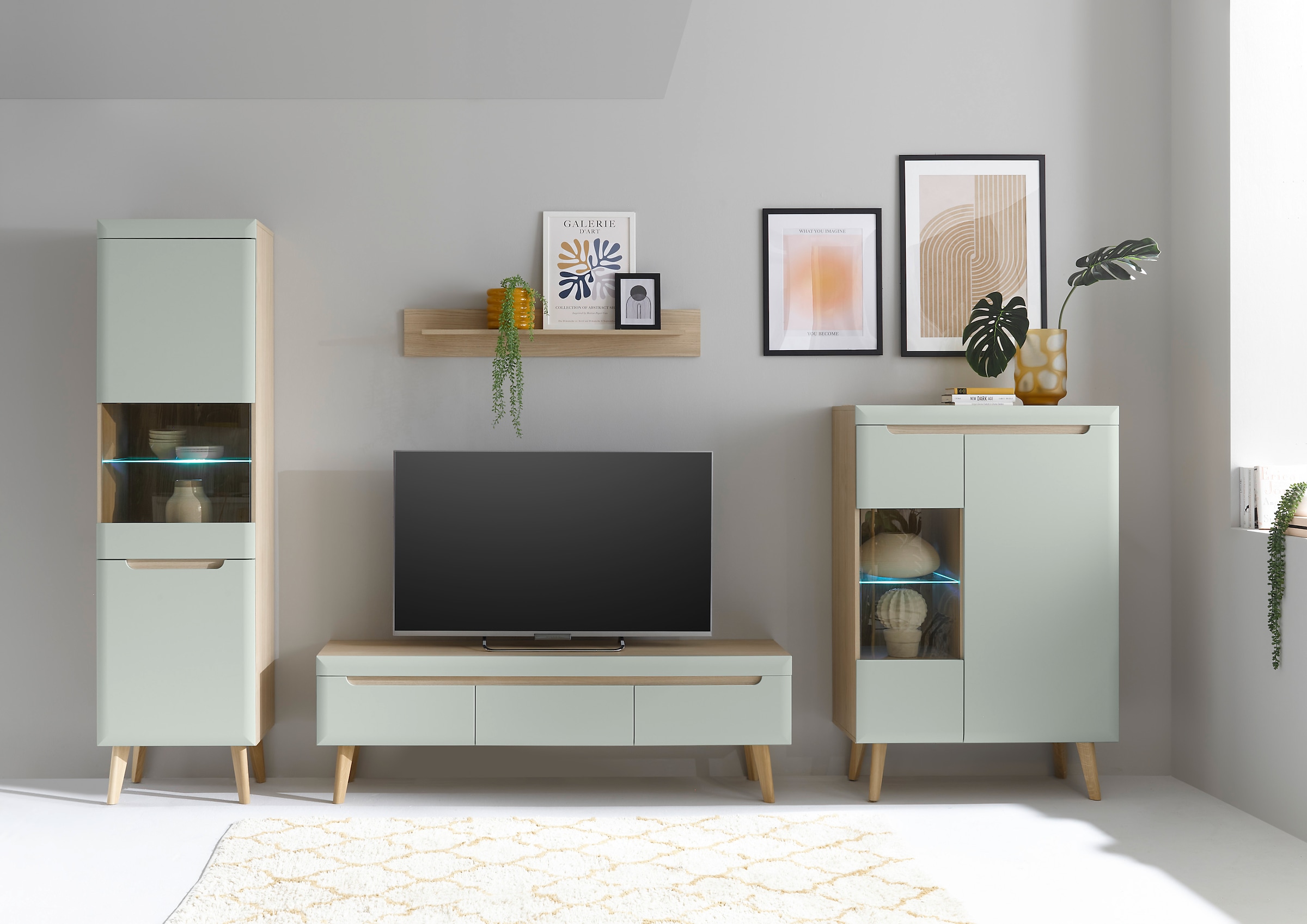 INOSIGN Wohnwand »Torge, Anbauwand, Schrankwand, Mediawand, Wohnzimmer-Set«, (Set, 4 St.), enthält 2 Vitrinen, 1 Lowboard, 1 Wandboard, 343 cm breit