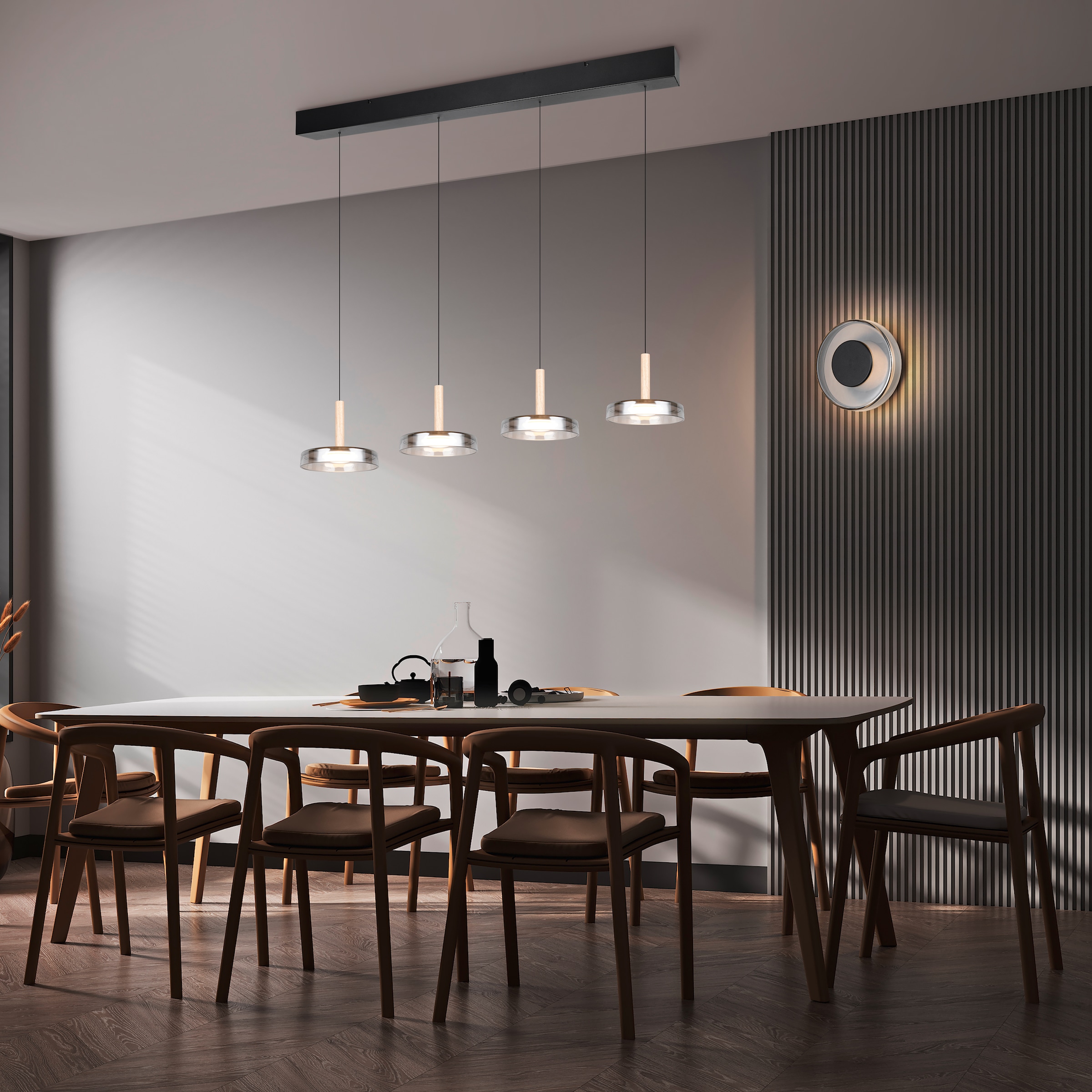 TRIO Leuchten LED Pendelleuchte »CELESTE dimmbare LED Hängelampe aus Metall Glas & Holz, 7,5W 750 Lumen« LED-Board 1 Stk. Warmweiß 4-flammig einfach höhenverstellbar von 50-200 cm 3-Stufen Dimmfunktion
