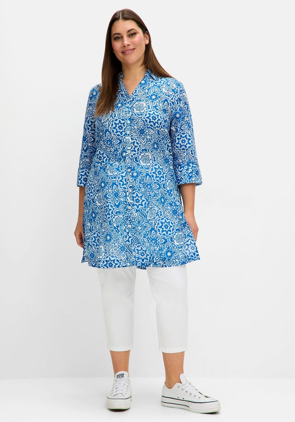 Sheego Hemdbluse »Longbluse mit Blätterdruck, aus Baumwolle«