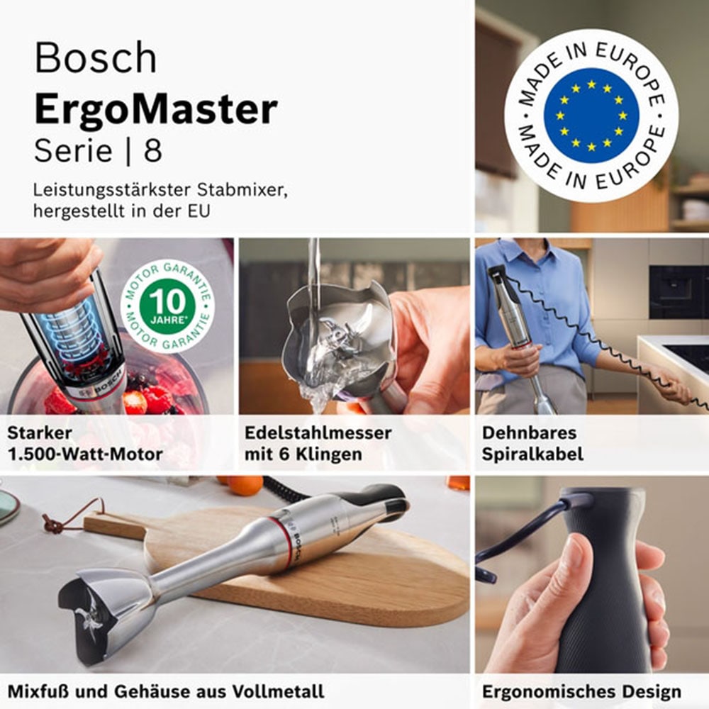 BOSCH Stabmixer »ErgoMaster Serie 8, MSM8M934, Doppelschneebesen, Becher, Zerkleinerer« 1500 W 6 Klingen Edelstahl, Spiralkabel, Keramikkupplung, luftgekühlter Motor