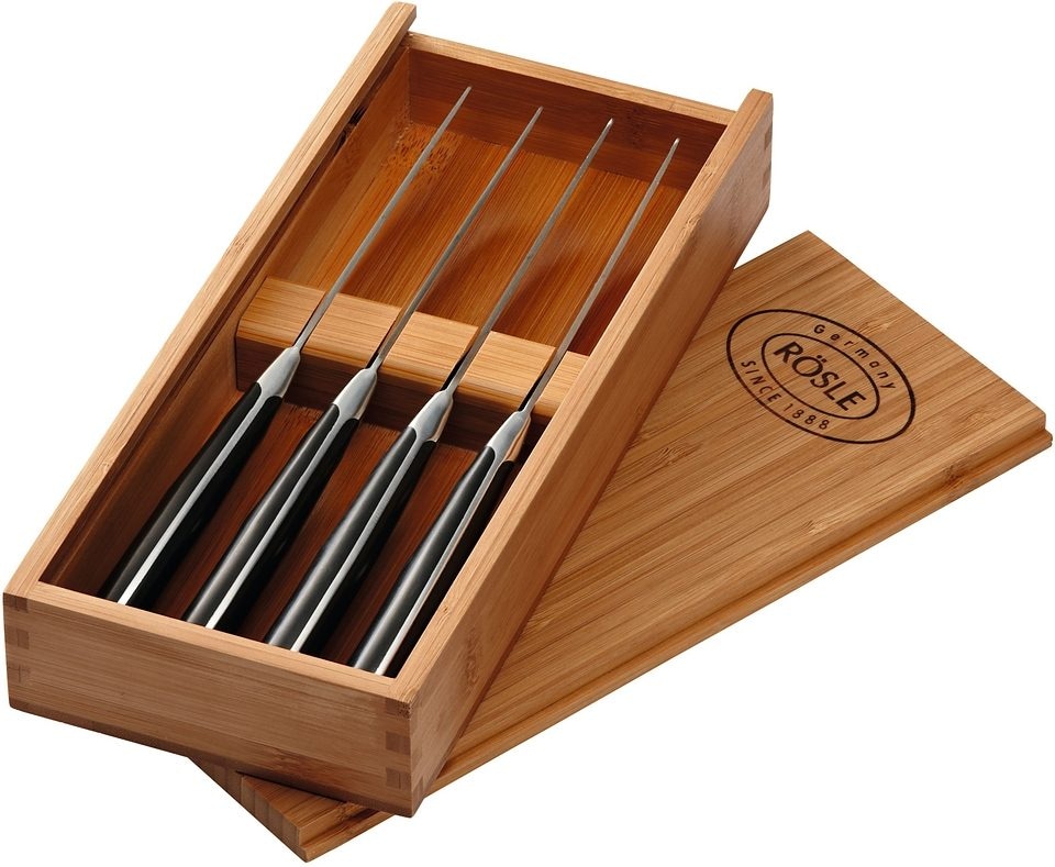 RÖSLE Steakmesser, (Set, 4 tlg.), 4 Steakmesser mit Klinge aus Klingenspezialstahl, inkl. Holzbox