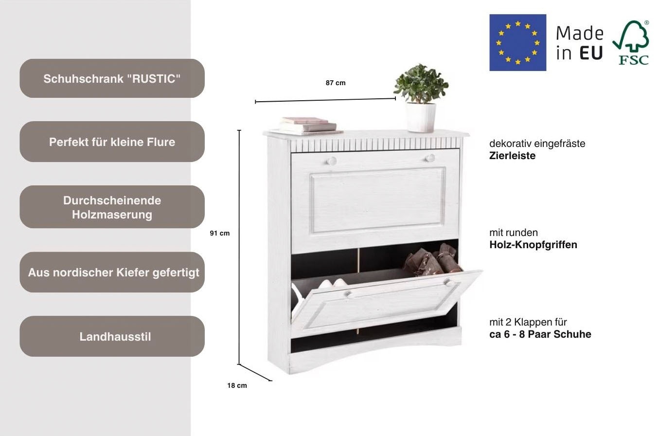Home affaire Schuhschrank »Rustic«, aus massiver Kiefer, 2 Schuhklappen, für 6-8 Paar, Kassettenoptik