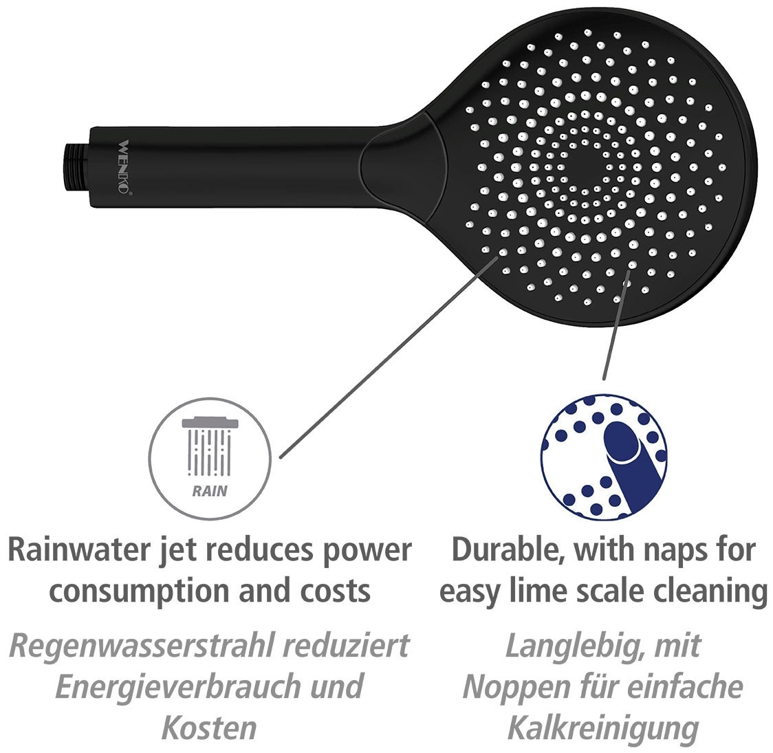 WENKO Handbrause »Watersaving«, (1 tlg.), Schwarz matt, Ø 12 cm