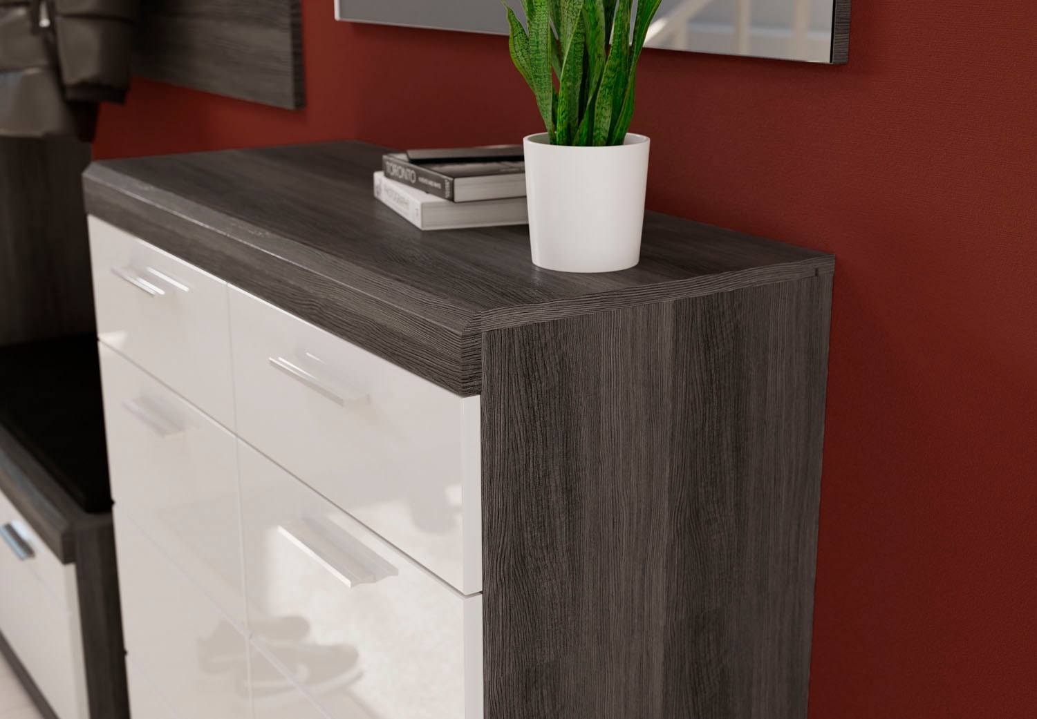 INOSIGN Garderoben-Set »Siena, Fronten mit hochwertiger Rillenfräsung, 4-teilig,bestehend aus:«, (4 St.), Sitzbank, Garderobenpaneel, Schuhschrank & Garderobenspiegel