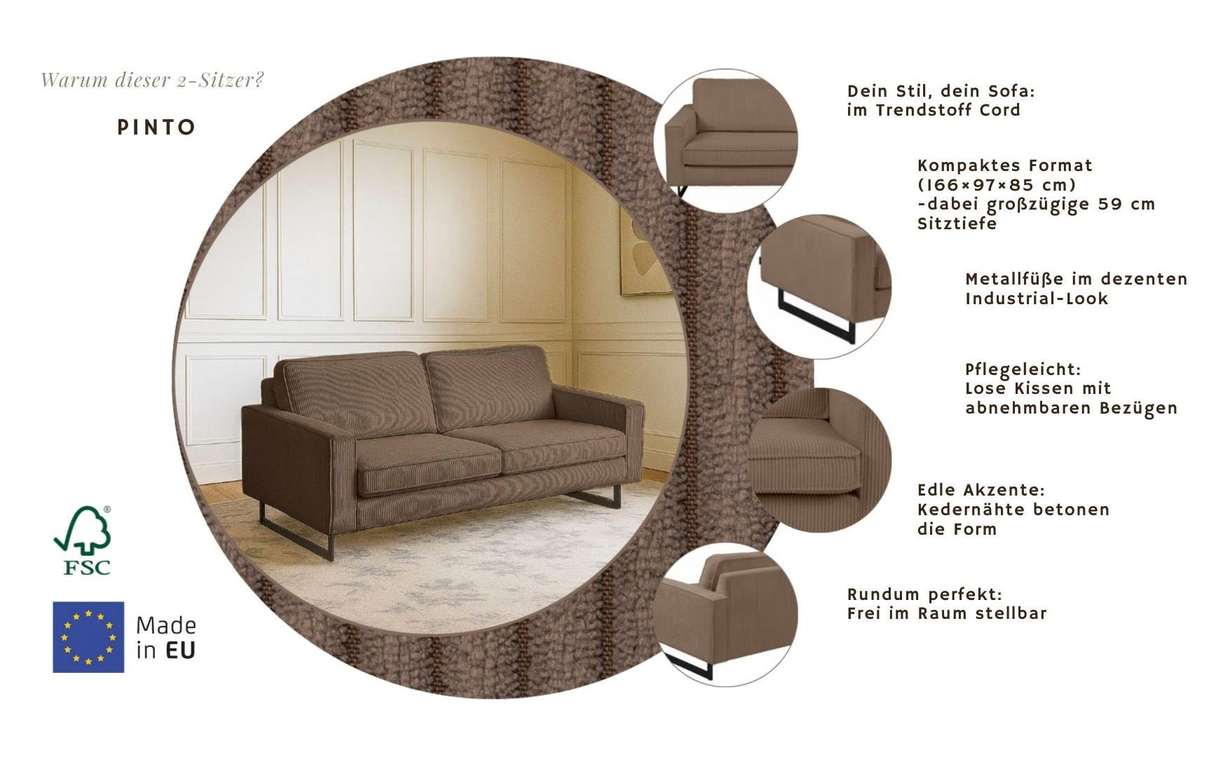 Home affaire 2-Sitzer »Pinto, 166 cm, Cord, Chenille, Lederoptik« mit Keder, schwarze Metallfüße, Wellenunterfederung