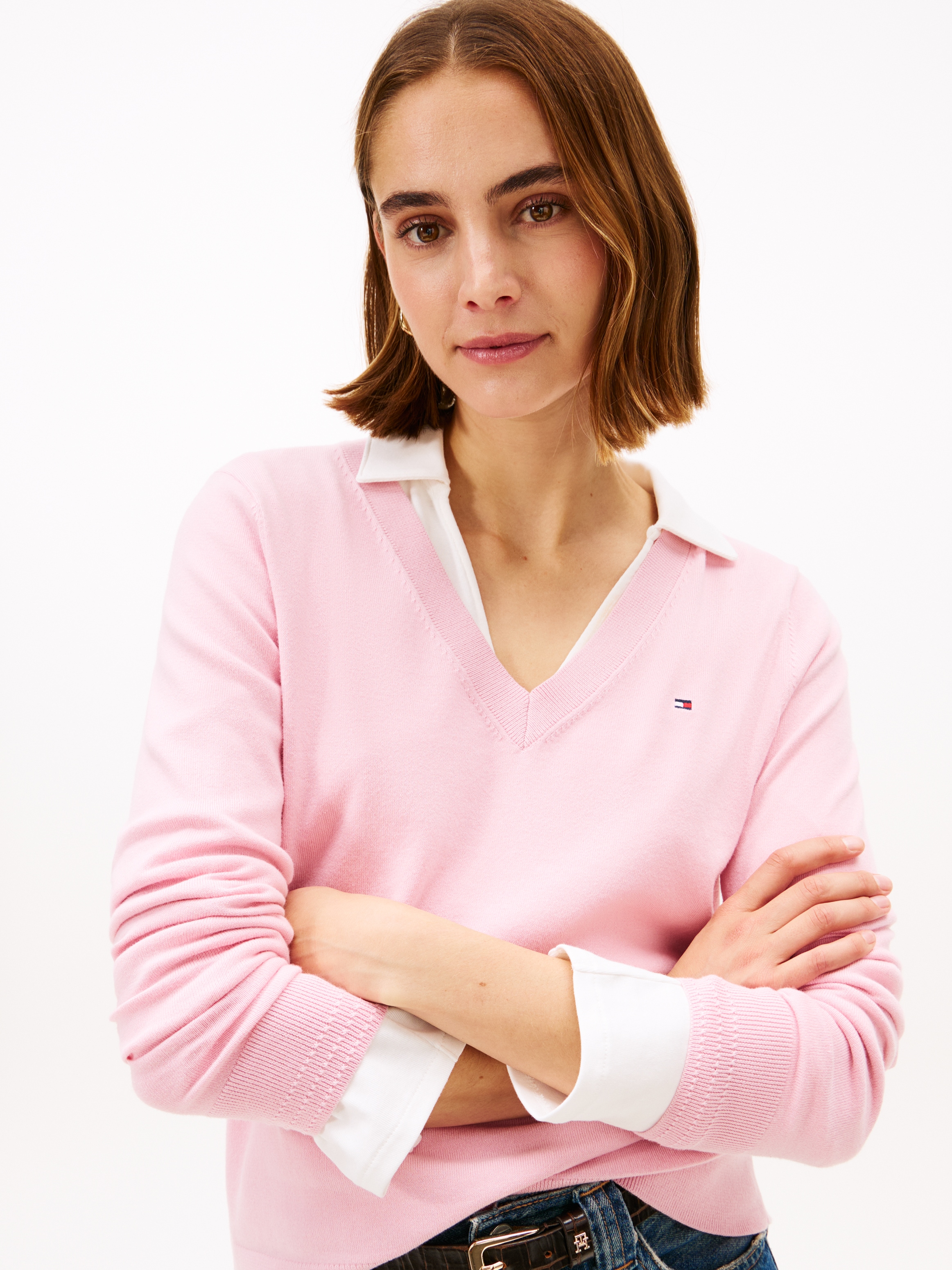 Tommy Hilfiger V-Ausschnitt-Pullover »CO JERSEY STITCH V-NK SWEATER mit V-Ausschnitt und Ripp«