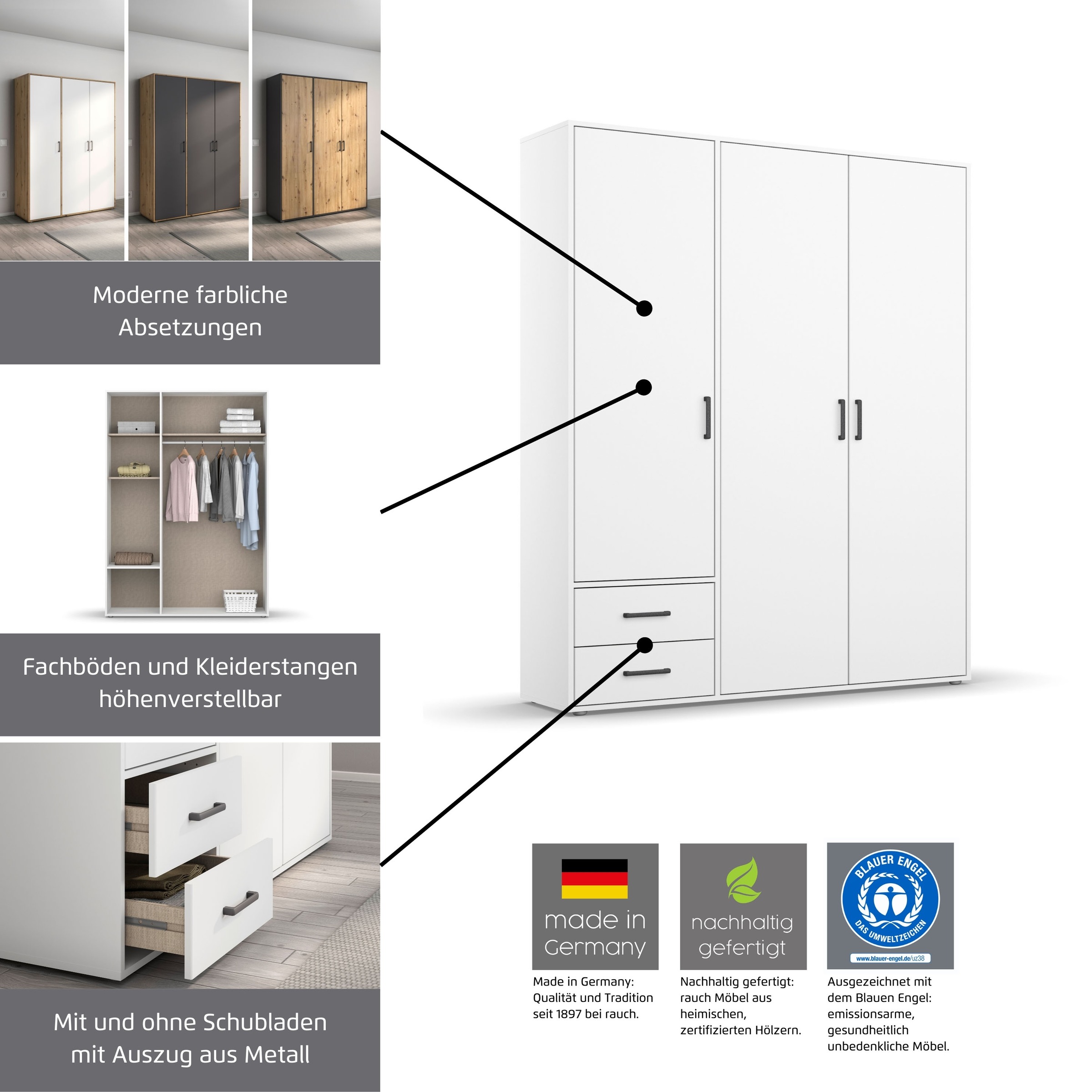 rauch Kleiderschrank »VOYAGER Garderobe Wäscheschrank TOPSELLER Schlafzimmer«, (in 3 verschiedenen Ausstattungen BASIC/CLASSIC/PREMIUM), Schrank mit modernen Griffen in viel Stauraum MADE IN GERMANY