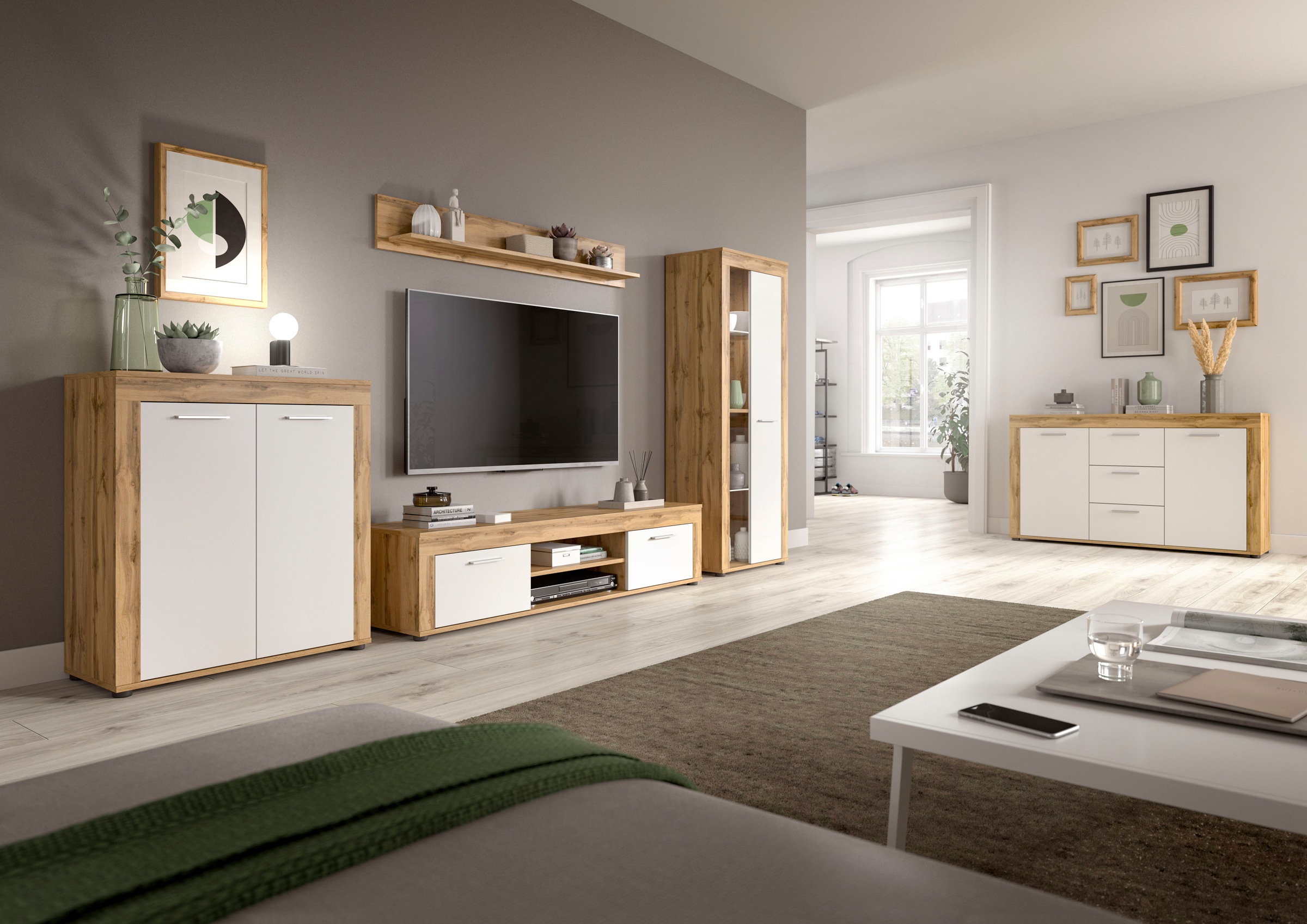 INOSIGN Wohnwand »Aosta, 4-tlg., best. aus: Highboard, Lowboard, Wandboard & Vitrine«, (4 St.), Wohnwand, Kombination, Anbauwand, Möbel Set, Schrankwand, Möbel Kombi