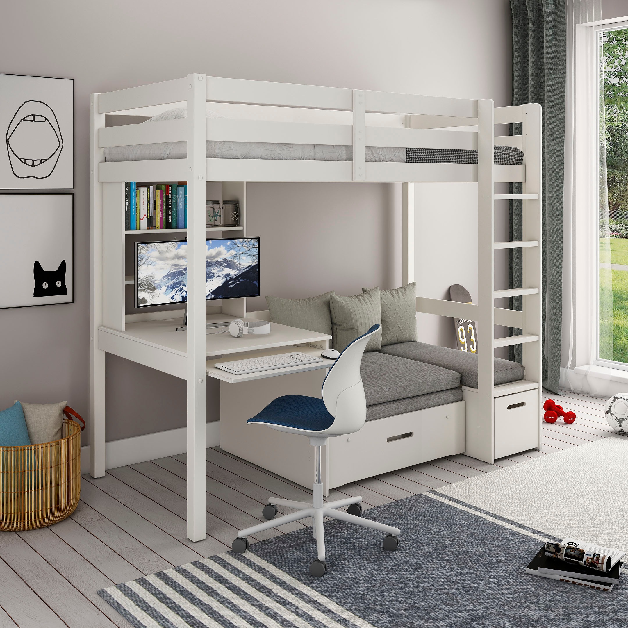 Lüttenhütt Etagenbett »Stockbett, Doppelstockbett "HENNE " zertifiziertes Massivholz«, mit Schreibtisch, Regale, ausziehbarem Sessel,OHNE MATRATZEN/AUFLAGEN!