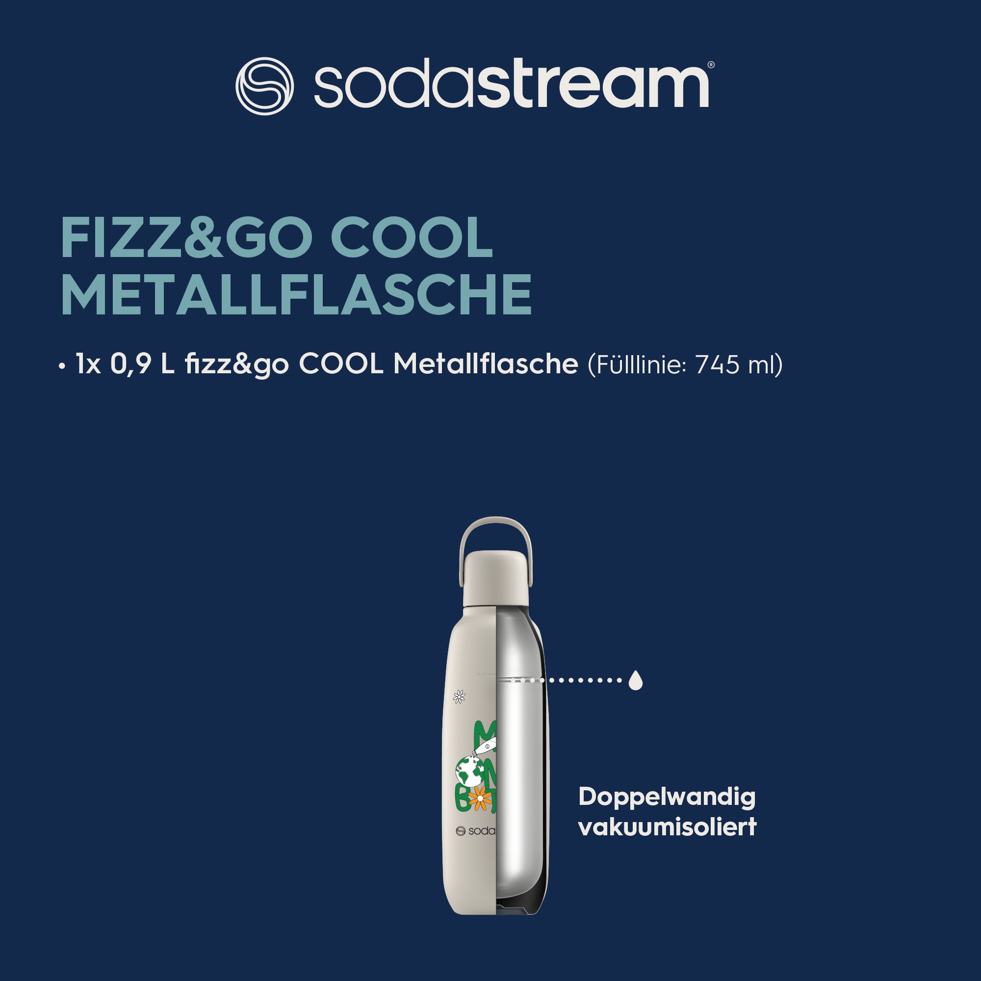 SodaStream Thermoflasche »Metallflasche Fizz&go COOL DWS, 0,9 l, Trinkflasche« kompatibel mit SodaStream DUO, E-DUO, TERRA, ART & ENSO Wassersprudler