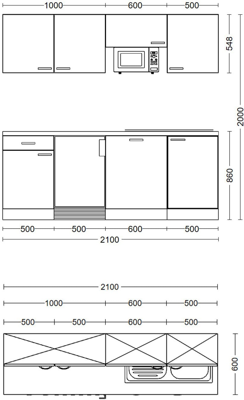 Flex-Well Küchenzeile »Kopenhagen, Breite 210 cm, inkl. Geschirrspüler«, Officeküche, wahlweise mit oder ohne Mikrowelle