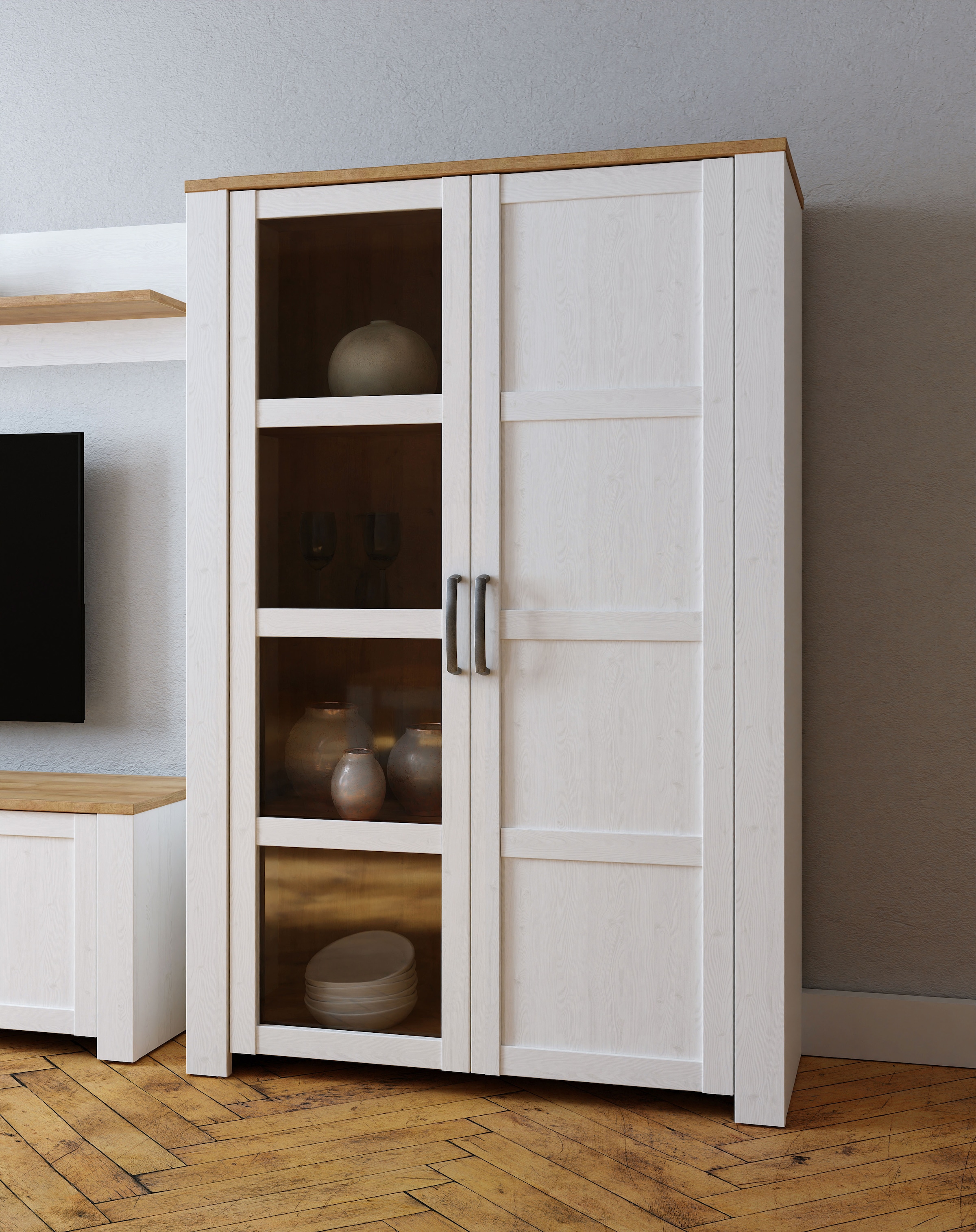 FORTE Highboard »Bohol, Vitrine mit Glastüre, viel Stauraum« B/H/T 106,4/160,6/42 cm Beleuchtung optional bestellbar
