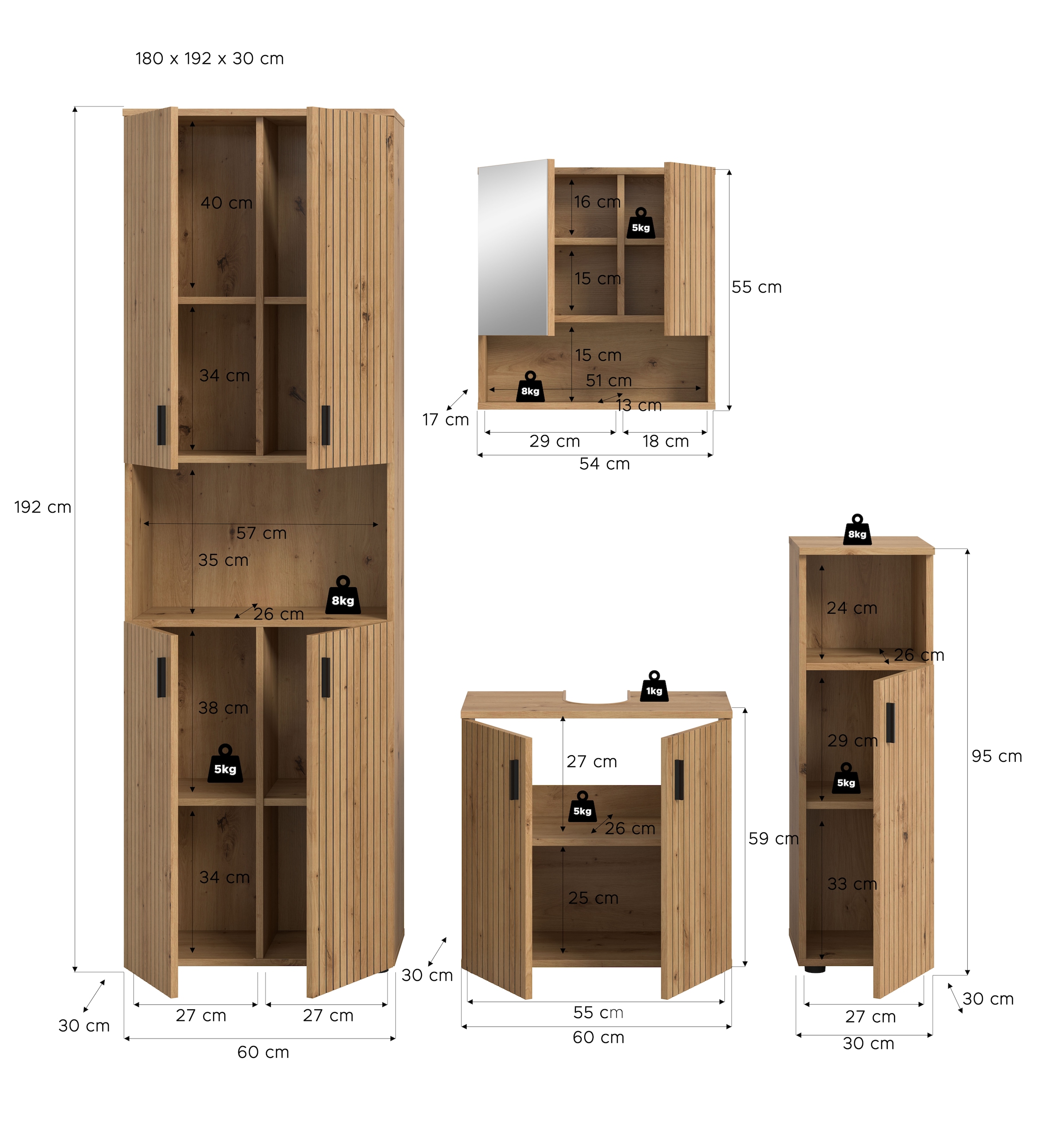 welltime Badmöbel-Set »MANI, 4-tlg. Badkombination, Paneeloptik« Set, Set, best. aus: 1 Hochschrank, 1 Spiegelschrank, 1 WBU, 1 Badschrank, 4 Stk. tlg.