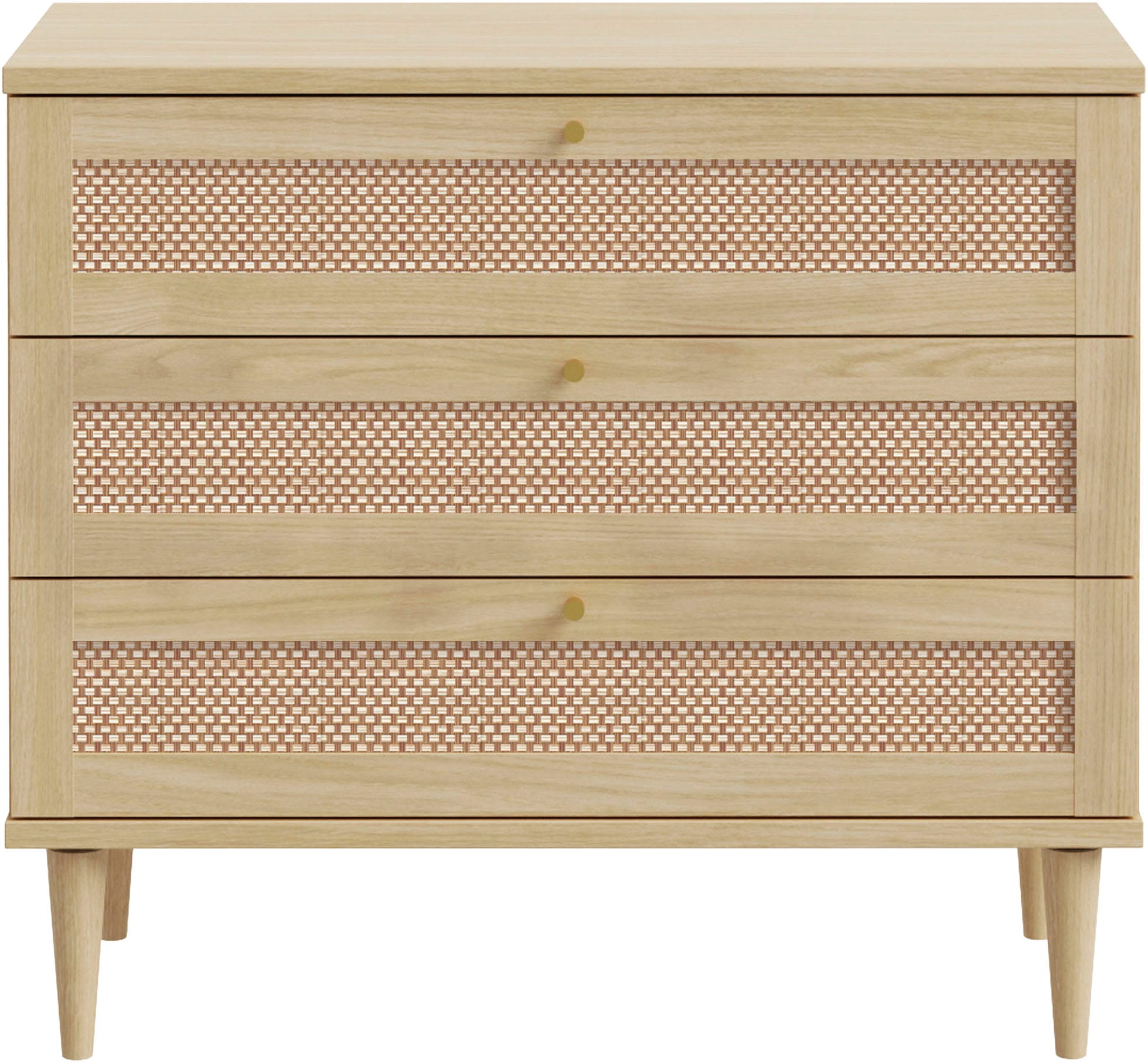 OTTO home Kommode »ELLIAN mit Geflechtoptik warmes Holzdekor, 3 Schubkästen« Holzfüße, Metallgriffe, Made in EU, viel Stauraum