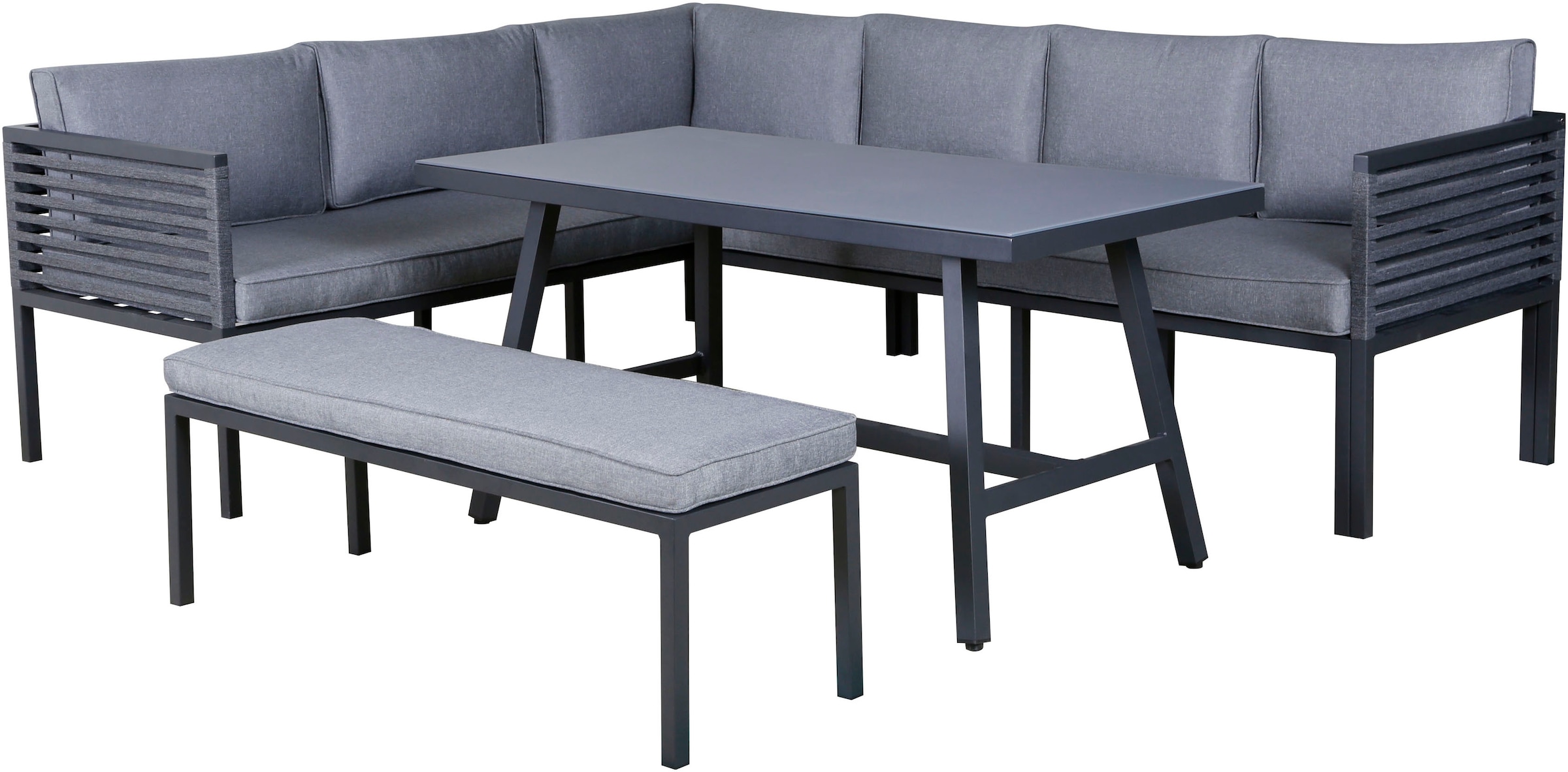 KONIFERA Gartenlounge-Set »Ecklounge »Edessa«« Set, 2x 3er Sofa, Tisch 70x140x69 cm, 1 Sitzbank, inkl. Auflagen, 14 Stk. tlg. Armlehne mit Seilgeflecht und Nonwood-Latten