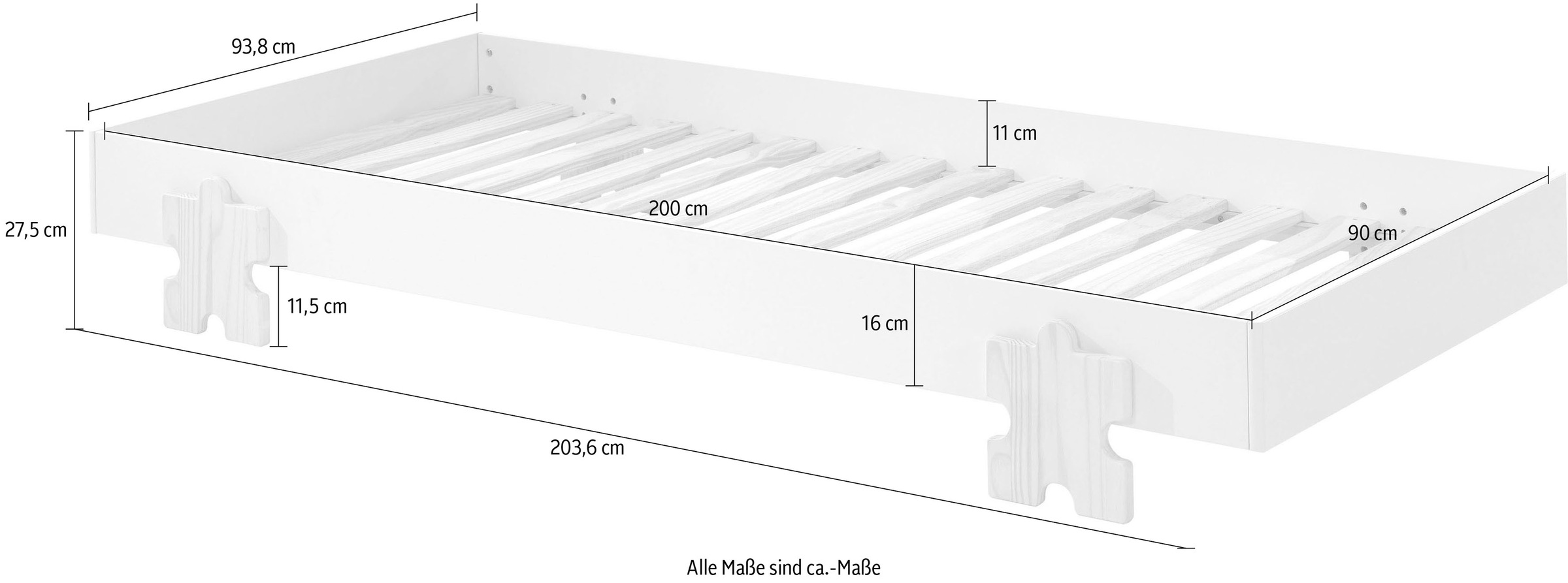 Vipack Kinderbett »Modulo, stapelbares Einzelbett, inkl. Rolllattenrost, 2 Farben«, (B/H/T ca. 203,6x93,8x48cm, Fuß Puzzle massiv, Bettseiten MDF lackiert), Liegefläche 90/200 cm, einzeln oder als 2-er Set erhältlich
