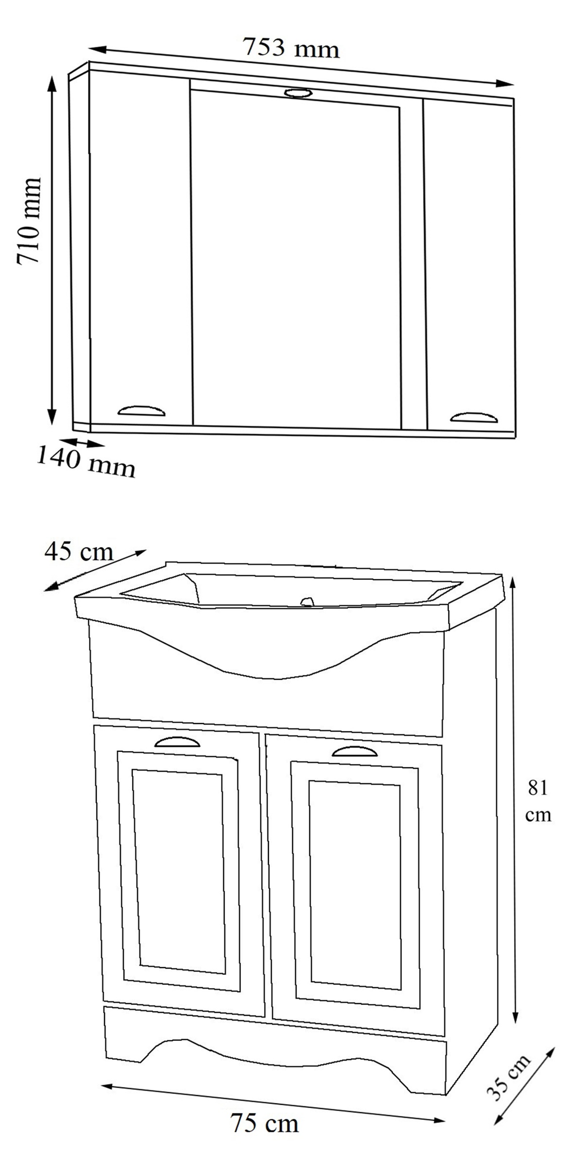 VCM Waschbeckenunterschrank »VCM 3-tlg. Waschplatz Waschtisch Breite 75 cm Badmöbel Set Waschbecken Spiegelschrank Schubladen Landhaus Casalo XL« 3 Stk. tlg.