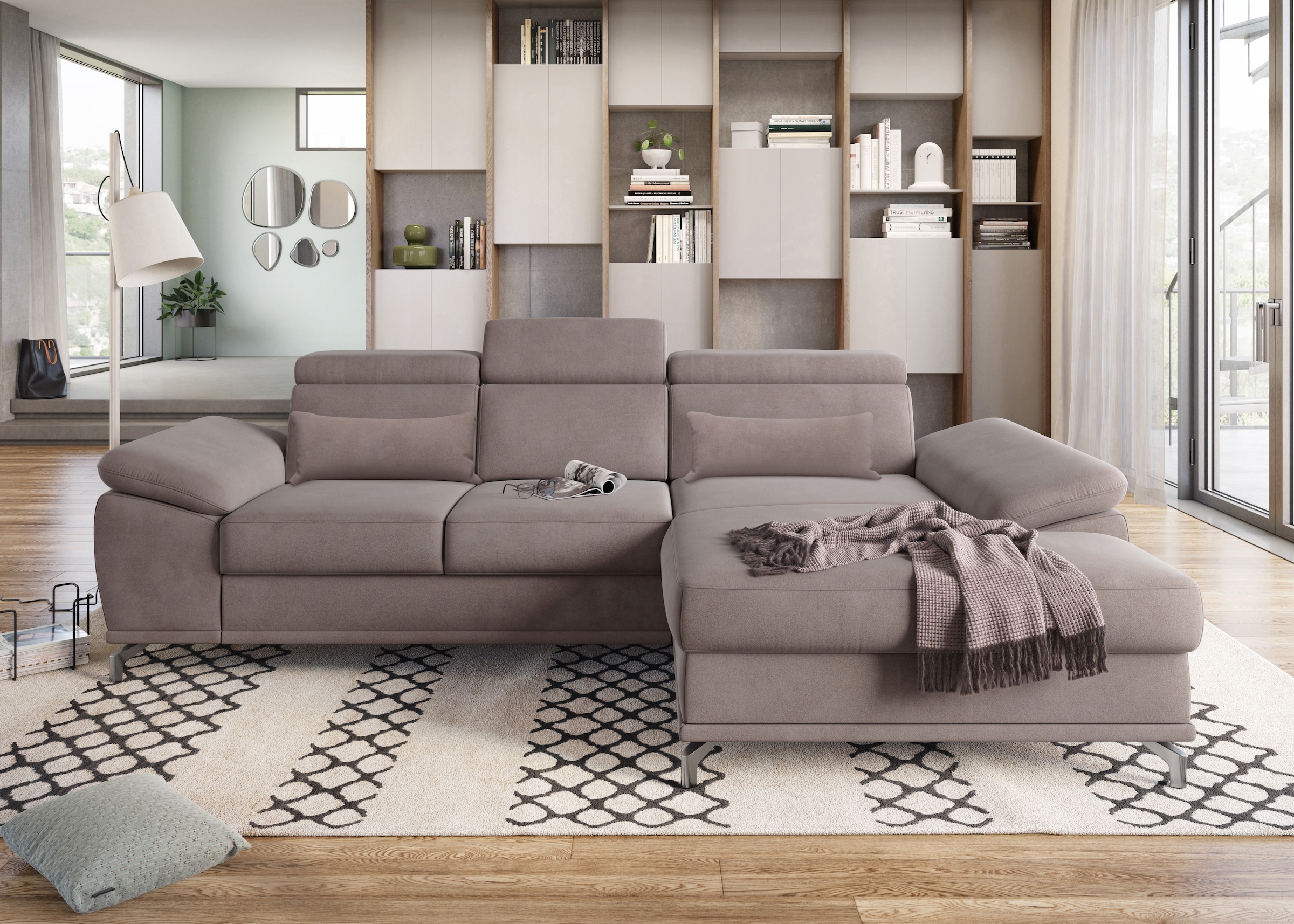 sit&more Ecksofa »Cabrio L-Form, mit Sitztiefenverstellung, Arm- und Kopfteilverstellung«, 2 Nierenkissen, Federkern, optional Bettfunktion und Stauraum