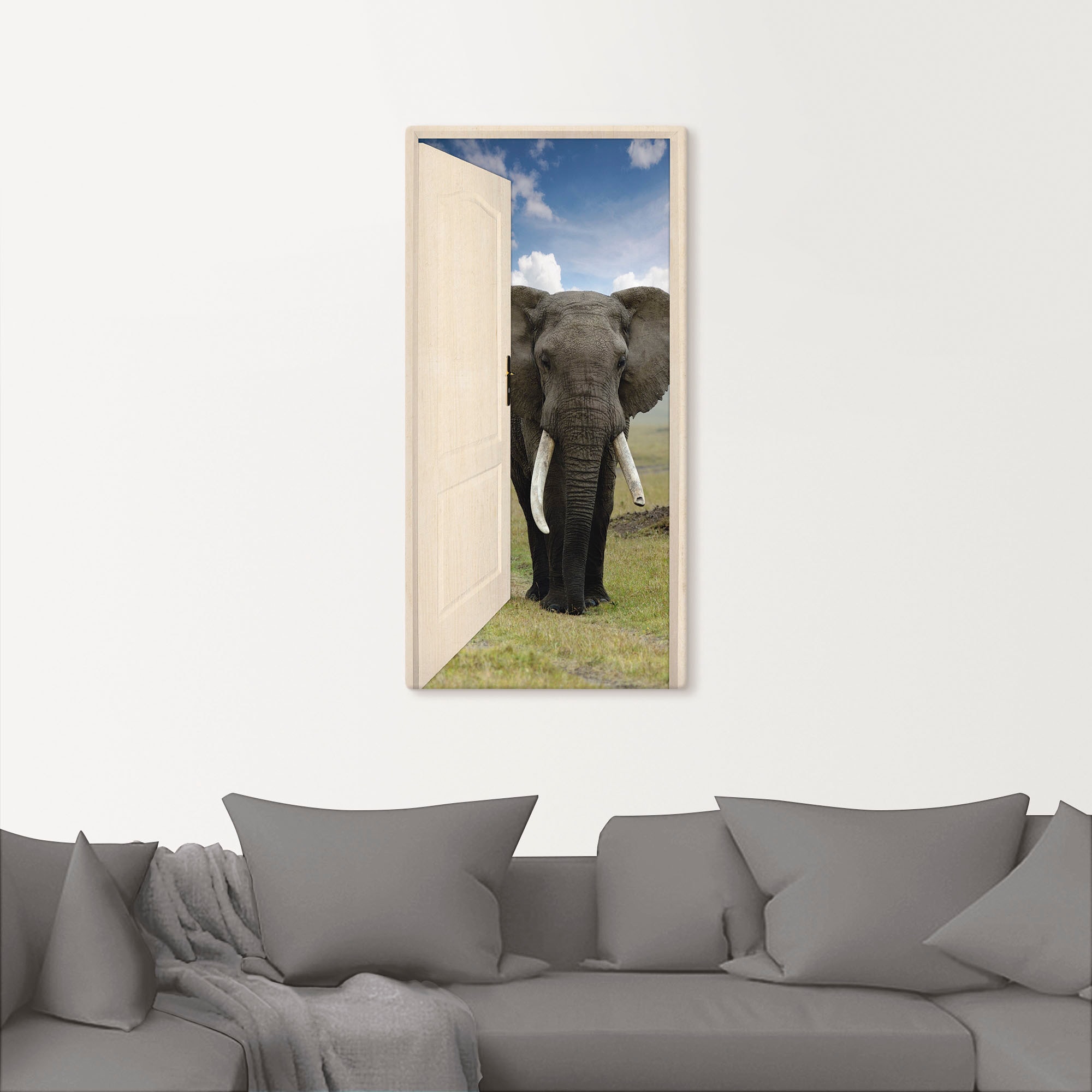 Artland Wandbild »Offene weiße Türe mit Blick auf Elefant«, Wildtiere, (1 St.),  als Alubild, Leinwandbild, Wandaufkleber oder Poster in versch. Größen  online bei OTTO