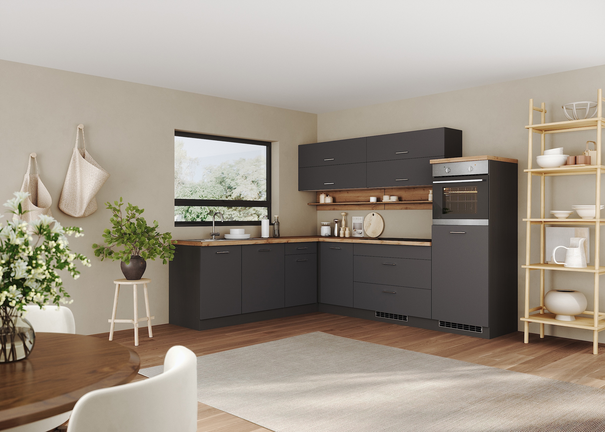 KOCHSTATION Winkelküche »KS-Milan, optional mit Muldenlüfter« Stellbr.270/220 cm, wahlweise mit E-Geräten, Kochfeld mit Dunstabzug