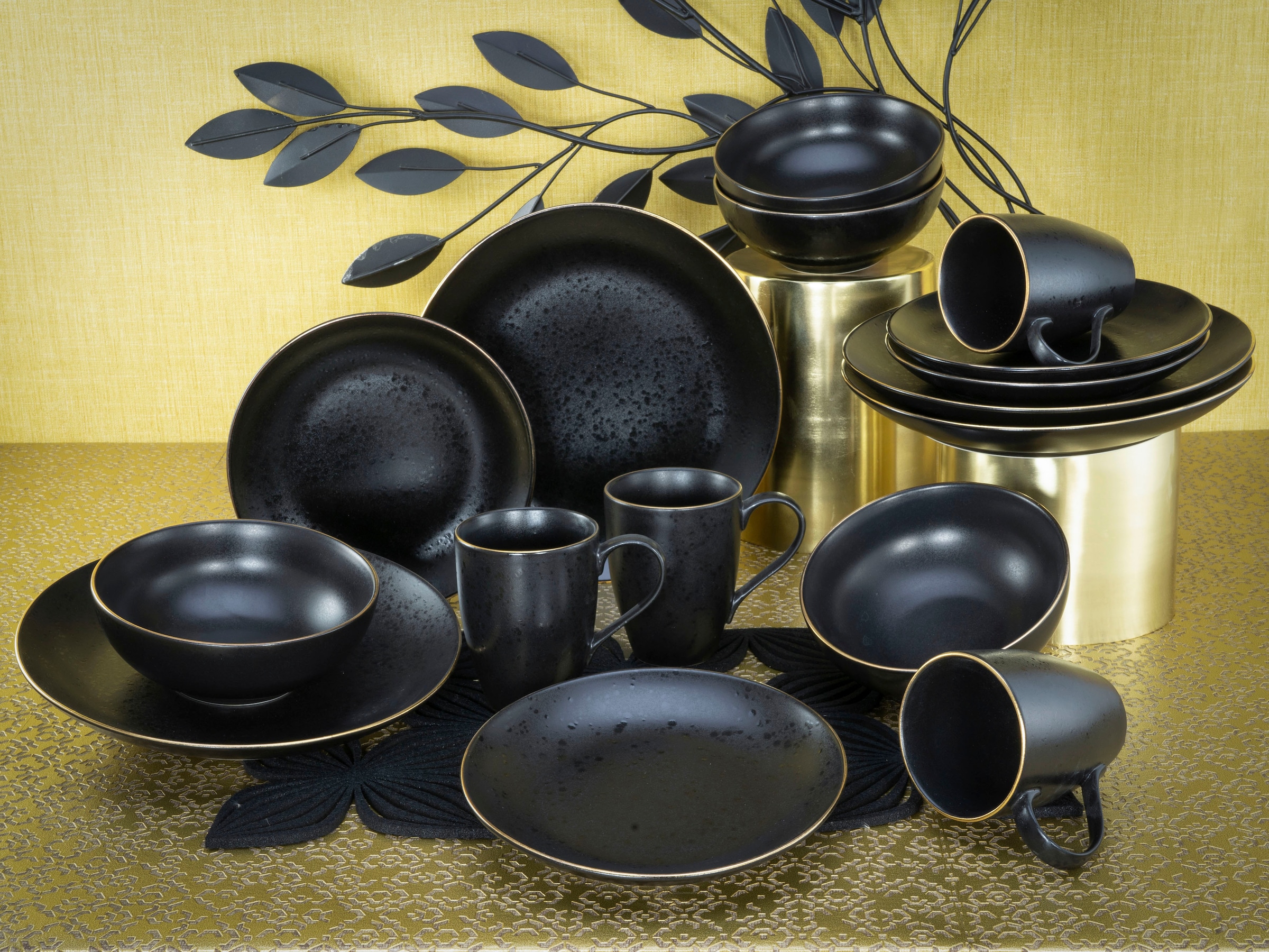 CreaTable Kombiservice »Geschirr-Set Industrial«, (Set, 16 tlg., Kaffeeservice und Tafelservice im Set, für 4 Personen), Service, schwarze, Goldrand, 16 Teile, für 4 Personen