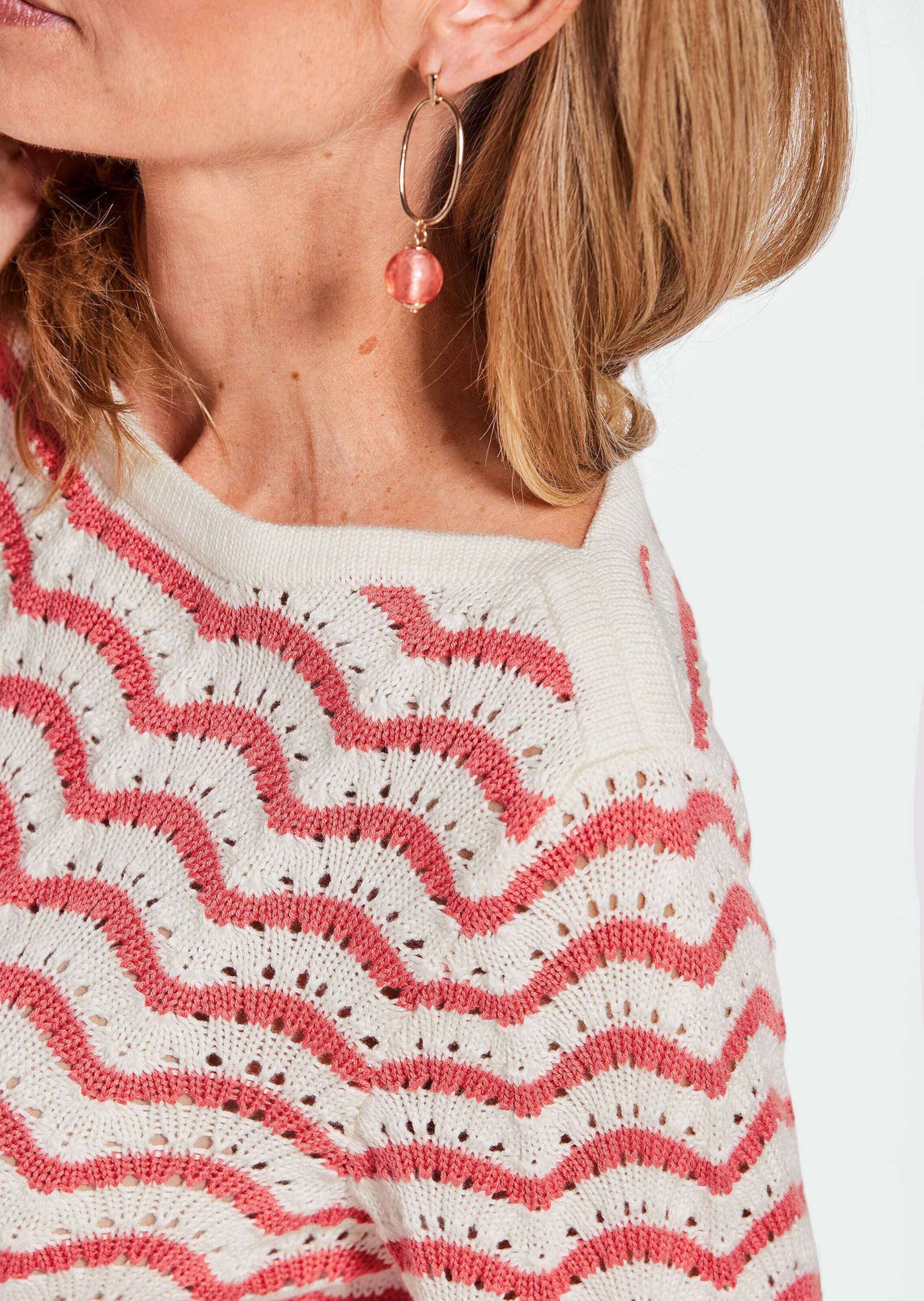 GOLDNER Rundhalspullover »Kurzgröße Ringelpullover mit 3/4-Arm und Ajourdetails«