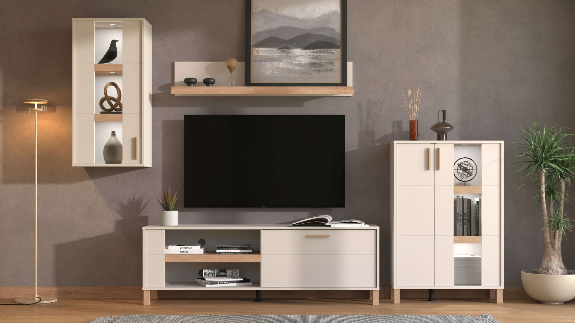 Home affaire Wohnwand »Sheffield, inkl. TV-Board, Highboard, Hängevitrine und Wandregal«, (Komplett-Set, 4 St.), Getöntes Glas, 2D-beschichtetes MDF-Profil, Heißprägedetails