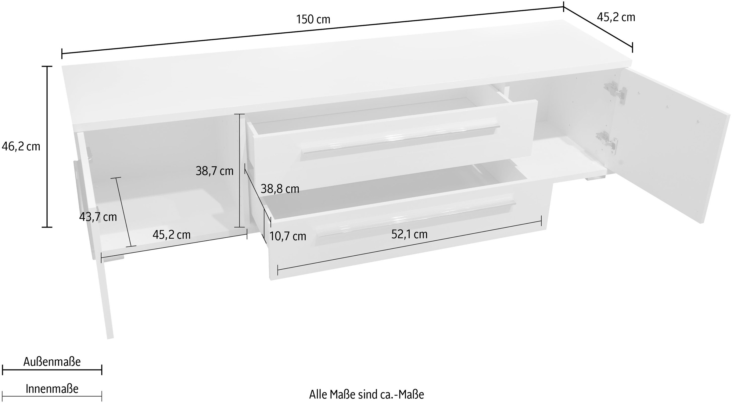 Places of Style Lowboard »Piano TV-Kommode in Breite 165 oder 180 cm mit Soft-Close-Funktion«, Hochglanz UV-lackiert, Br 180 cm mit versch. Tür- und Schubkastenmaße