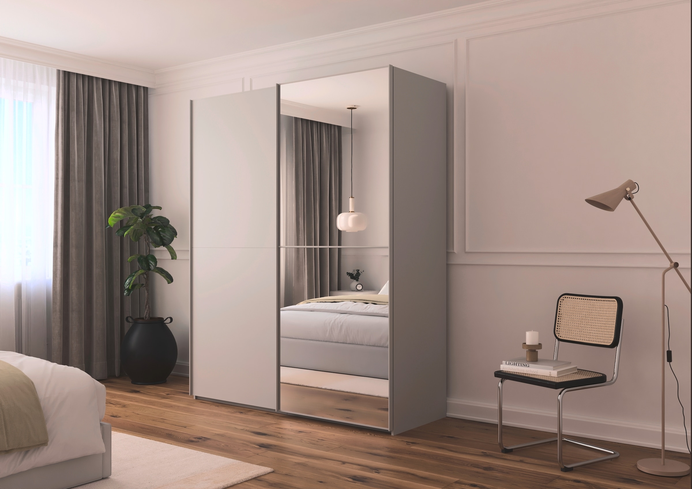 rauch Schwebetürenschrank »Kleiderschrank Schrank Garderobe Schlafzimmerschrank SCALE-DUO« edle zweigeteilte Türen, Spiegel und 3 Zierleisten MADE IN GERMANY