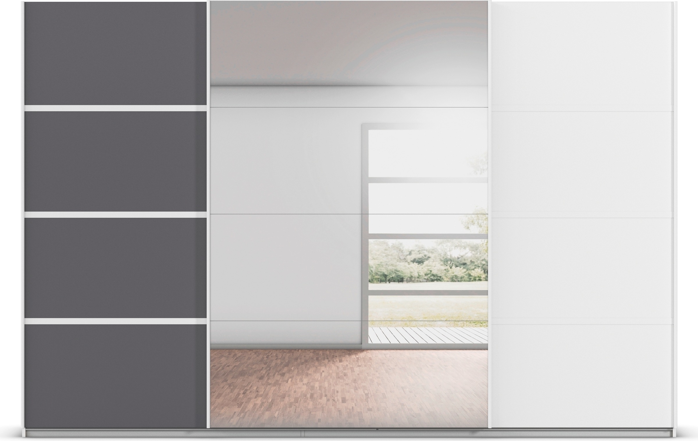 rauch Kleiderschrank »Schwebetürenschrank OTTO´s Choice Garderobe Schrank TOP ANGEBOT Avola«, (in 3 verschiedenen Ausstattungen BASIC/CLASSIC/PREMIUM inkl. Spiegel), mit eleganten Zierleisten in Chrom, Schwarz oder Weiß MADE IN GERMANY
