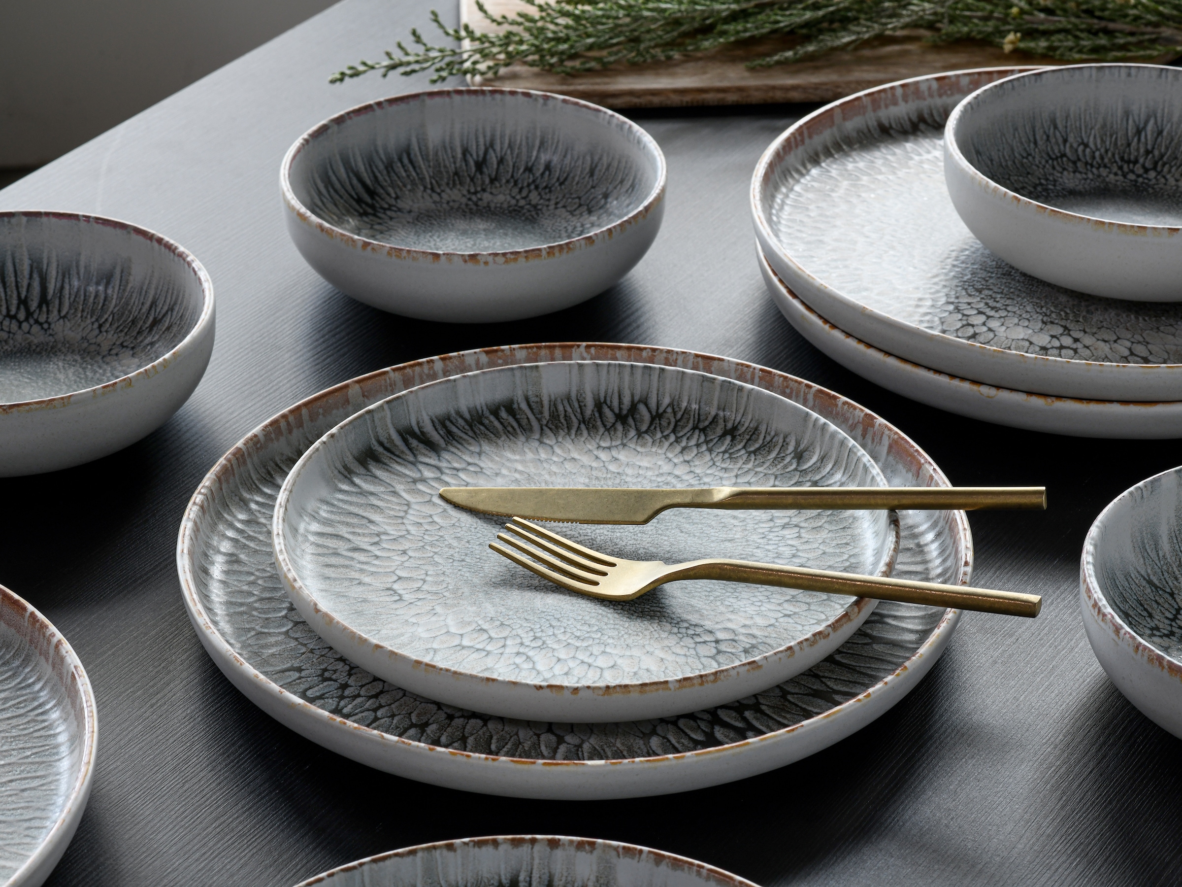 CreaTable Teller-Set »Uno Volcano, Teller Set 12-tlg« Reaktivglasur, Vintage Style